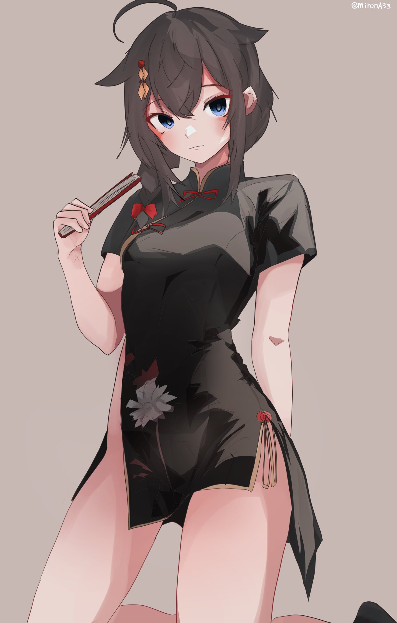 miron (mirona33), shigure (kancolle), shigure kai san (kancolle), kantai collection, commentary request, highres, 1girl, alternate costume, black dress, black hair, blue eyes, braid, breasts, china dress, chinese clothes, dress, feet out of frame, folded fan, folding fan, grey background, hair flaps, hair over shoulder, hand fan, kneeling, long hair, looking at viewer, medium breasts, no panties, short dress, simple background, single braid, solo