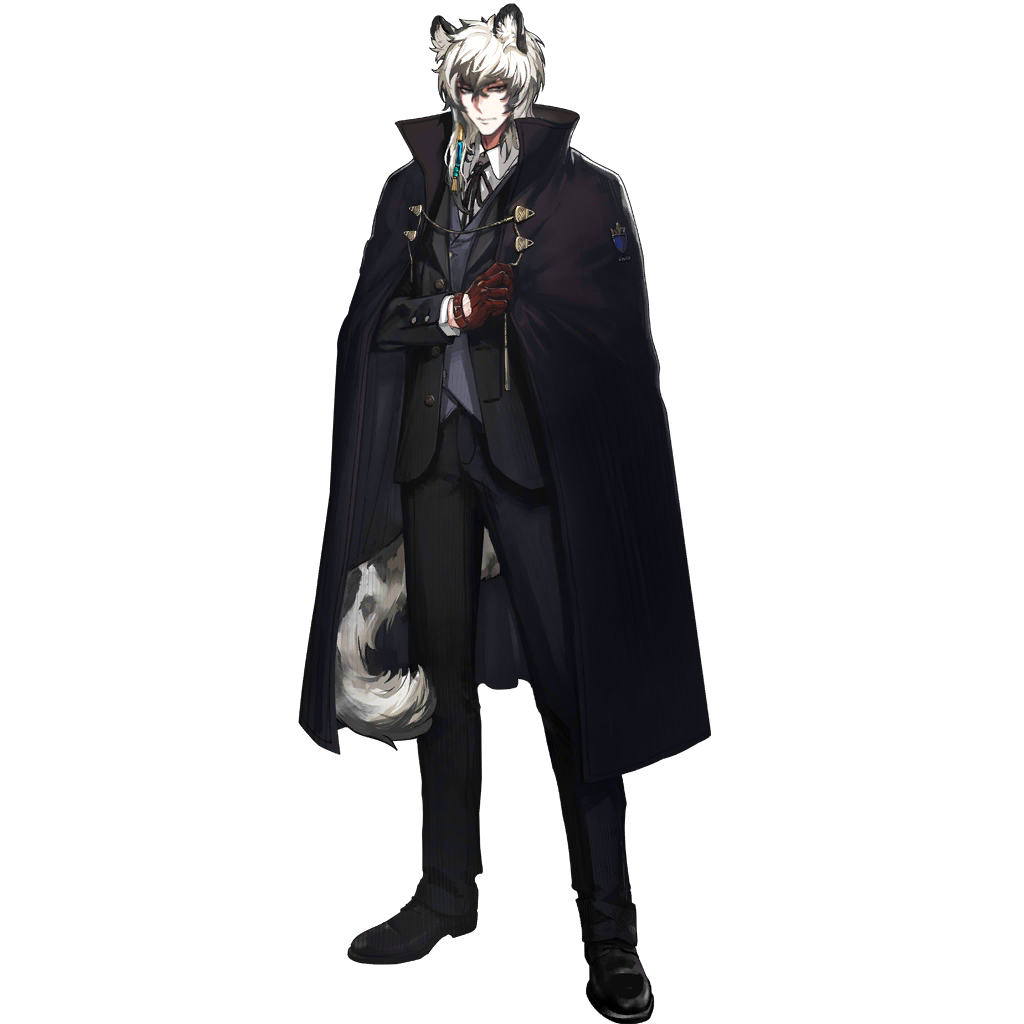ryuuzaki ichi, silverash (arknights), arknights, official art, third-party source, 1boy, aged down, animal ears, black cape, black pants, black suit, black theme, cape, collared cape, formal clothes, full body, leopard boy, leopard ears, leopard tail, long sleeves, looking at viewer, male focus, official alternate costume, pants, simple background, snow leopard boy, snow leopard ears, snow leopard tail, solo, standing, suit, tachi-e, tail, transparent background, white hair