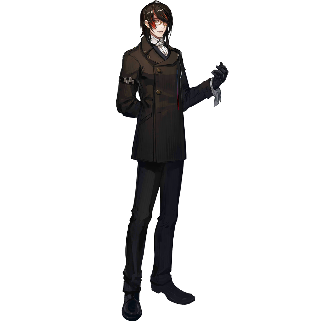 ryuuzaki ichi, gnosis (arknights), arknights, official art, third-party source, 1boy, aged down, black hair, black pants, black suit, black theme, buttons, feather hair, formal clothes, full body, long sleeves, looking at viewer, male focus, multicolored hair, official alternate costume, pants, peacoat, red hair, simple background, solo, standing, streaked hair, suit, tachi-e, transparent background, yellow eyes