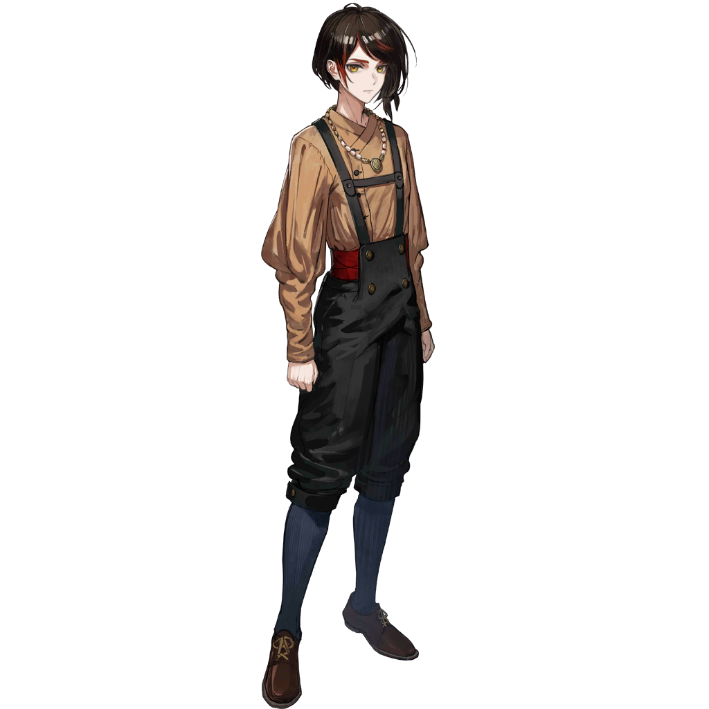 ryuuzaki ichi, gnosis (arknights), gnosis (young) (arknights), arknights, official art, third-party source, 1boy, aged down, bird boy, bishounen, black pants, brown shirt, clenched hands, closed mouth, feather hair, feathers, full body, jewelry, long sleeves, looking at viewer, male focus, multicolored hair, necklace, official alternate costume, pants, red hair, shirt, simple background, solo, standing, streaked hair, suspender pants, suspenders, tachi-e, transparent background, yellow eyes