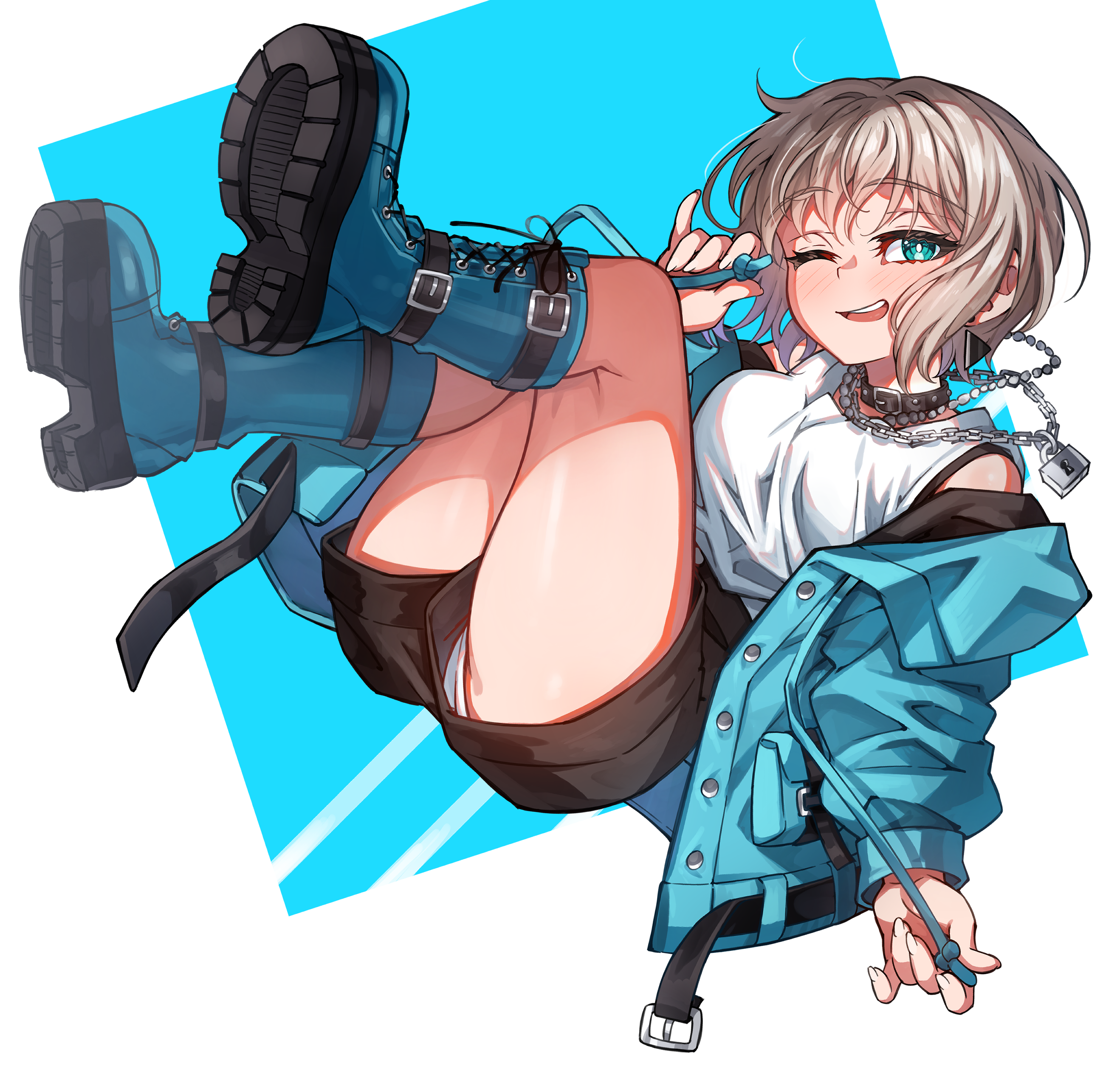 junji 17, aoba moca, bang dream!, absurdres, commentary, highres, 1girl, black choker, black shorts, blue boots, blue eyes, blue jacket, blush, boots, breasts, chain, chain necklace, choker, full body, grey hair, jacket, jewelry, medium breasts, necklace, open mouth, panties, panty peek, short hair, shorts, solo, tank top, teeth, thighs, underwear, upper teeth only, white panties, white tank top