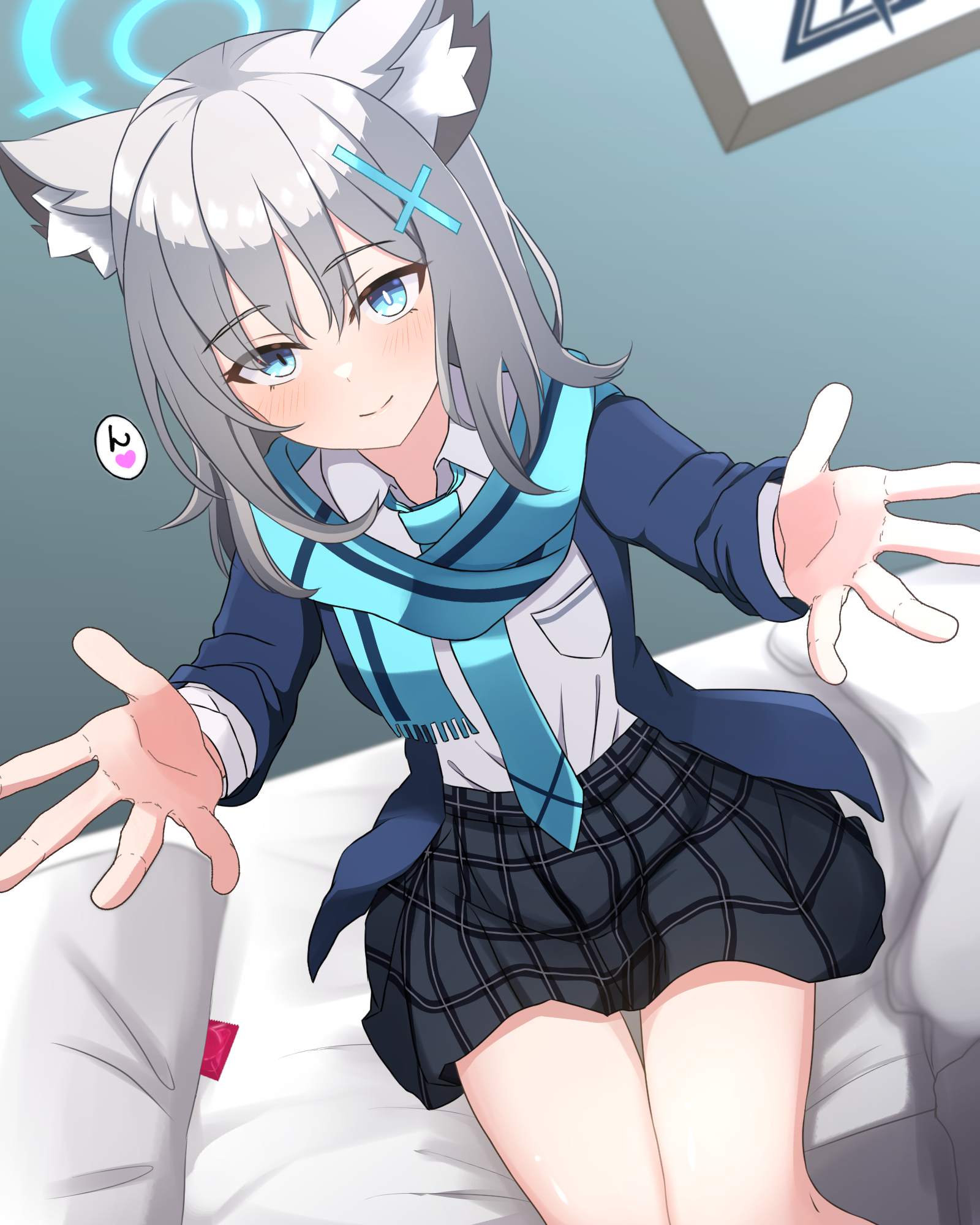 xgarasux, shiroko (blue archive), blue archive, commentary request, highres, 1girl, animal ear fluff, animal ears, black skirt, blue eyes, blue halo, blue jacket, blue necktie, blue scarf, blush, condom, grey hair, halo, jacket, long sleeves, looking at viewer, necktie, on bed, pillow, plaid clothes, plaid skirt, reaching, reaching towards viewer, scarf, school uniform, shirt, shirt tucked in, sitting, skirt, smile, solo, white shirt, wolf ears