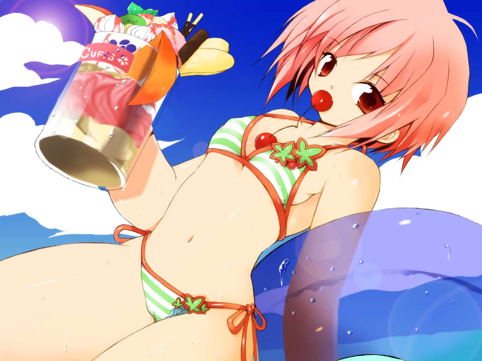 kamiyoshi rika, akino momiji, sakura musubi, highres, 1girl, ahoge, banana, between breasts, bikini, breasts, cameltoe, cherry, cloud, company name, covered erect nipples, cowboy shot, cup, day, dutch angle, eating, female focus, food, food in mouth, fruit, green bikini, holding, ice cream, innertube, leaf print, looking at viewer, mug, navel, outdoors, pink hair, pocky, red eyes, red hair, short hair, side-tie bikini bottom, sky, small breasts, solo, string bikini, striped bikini, striped clothes, sundae, swim ring, swimsuit, thighs, transparent, wet, white bikini