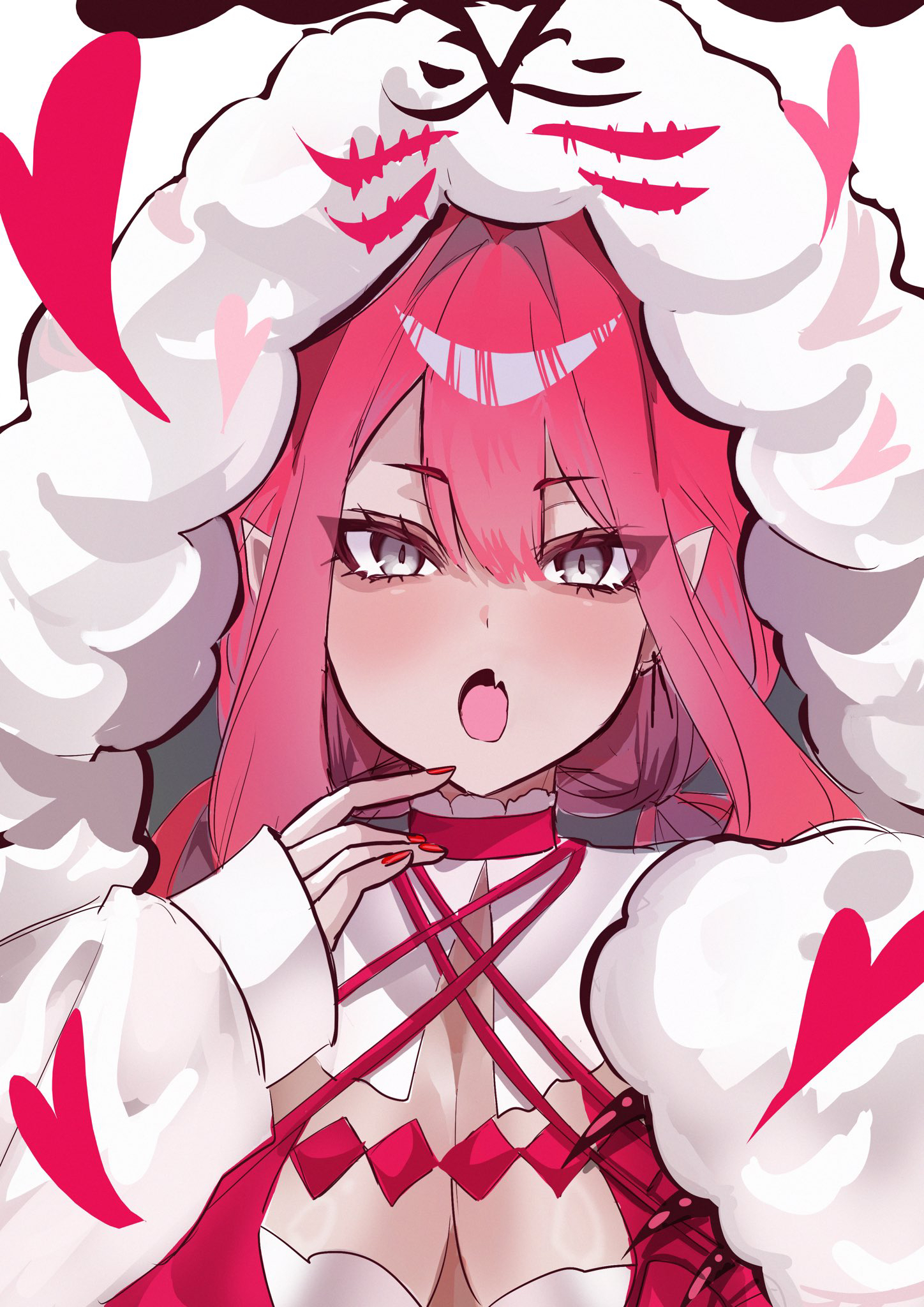 baobhan sith (fate), baobhan sith (swimsuit pretender) (first ascension) (fate), cernunnos (fate), fate/grand order, fate (series), highres, 1girl, breasts, character hood, detached collar, grey eyes, looking at viewer, open mouth, pink hair, pointy ears, solo, upper body, user dmuw2284, white background