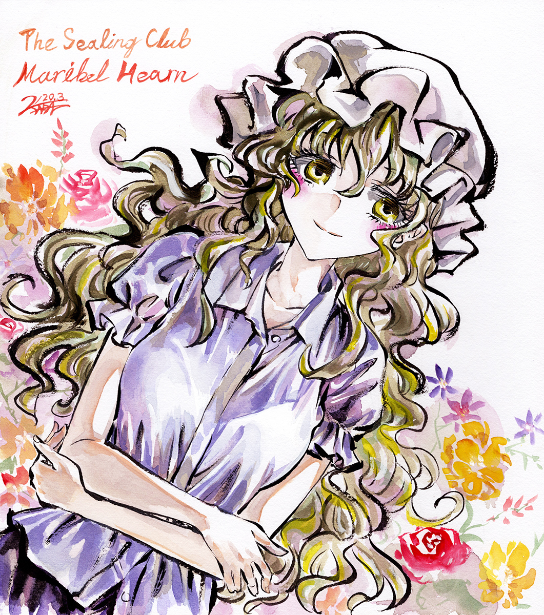 kabaji, maribel hearn, touhou, highres, traditional media, 1girl, blonde hair, breasts, character name, crossed arms, dated, dress, english text, flower, hat, long hair, mob cap, purple dress, rose, solo, white background, yellow eyes