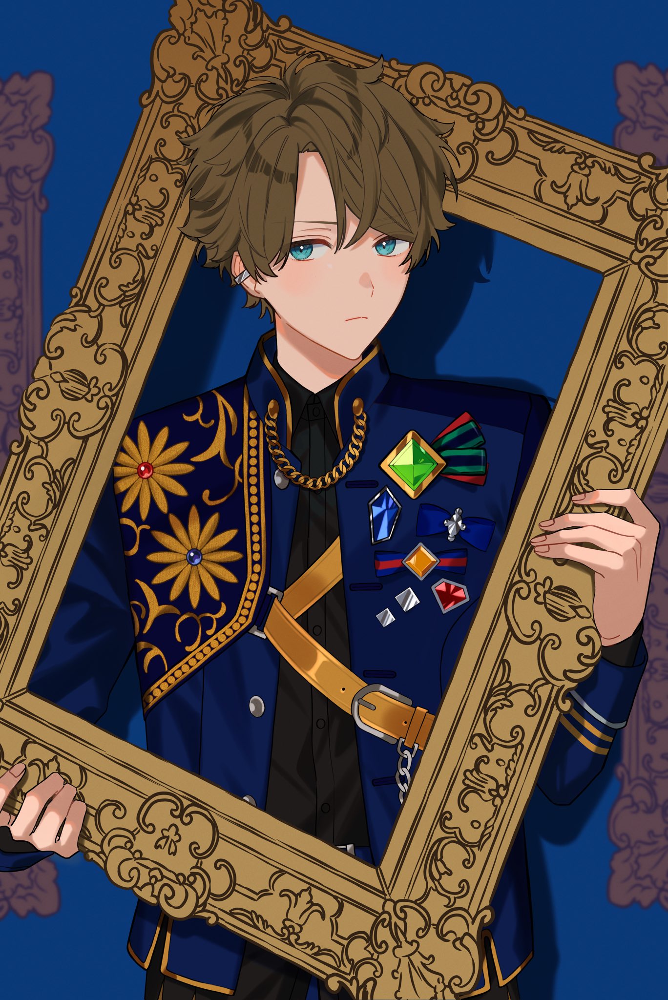 oshi cutepm, takamine midori, ensemble stars!, commentary request, highres, 1boy, aqua eyes, belt, belt buckle, blue gemstone, brown hair, buckle, buttons, closed mouth, cowboy shot, empty picture frame, fingernails, gem, hand up, holding, holding picture frame, jacket, long sleeves, looking at viewer, male focus, open clothes, open jacket, orange gemstone, picture frame, red gemstone, short hair, solo