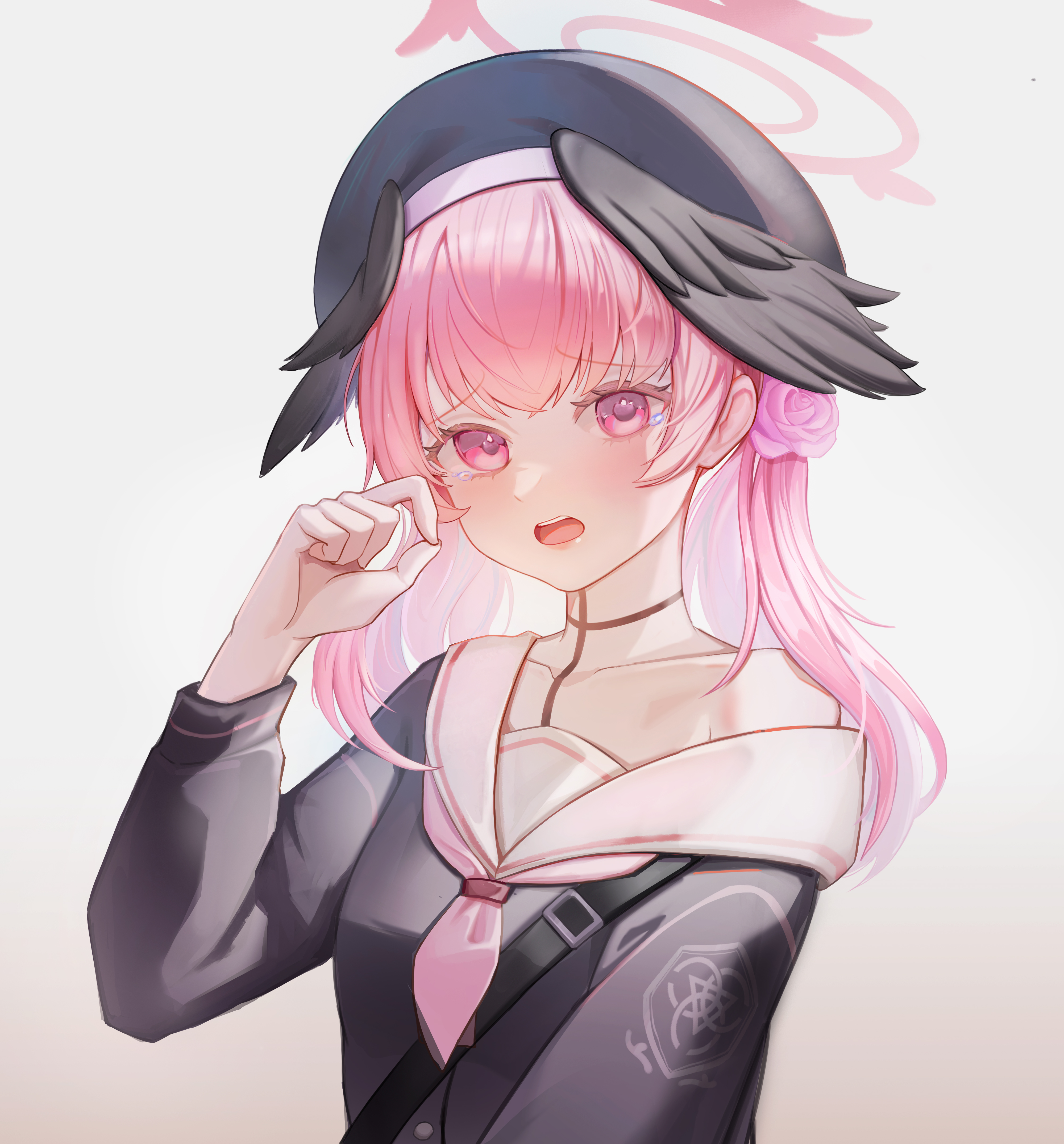 czy5201314, koharu (blue archive), blue archive, absurdres, chinese commentary, commentary request, highres, 1girl, beret, black hat, black shirt, black wings, blush, flower, hair flower, hair ornament, halo, hand up, hat, head wings, long sleeves, looking at viewer, low twintails, medium hair, neckerchief, off shoulder, open mouth, pink eyes, pink flower, pink hair, pink halo, pink neckerchief, pink rose, rose, school uniform, shirt, solo, tearing up, twintails, upper body, wings