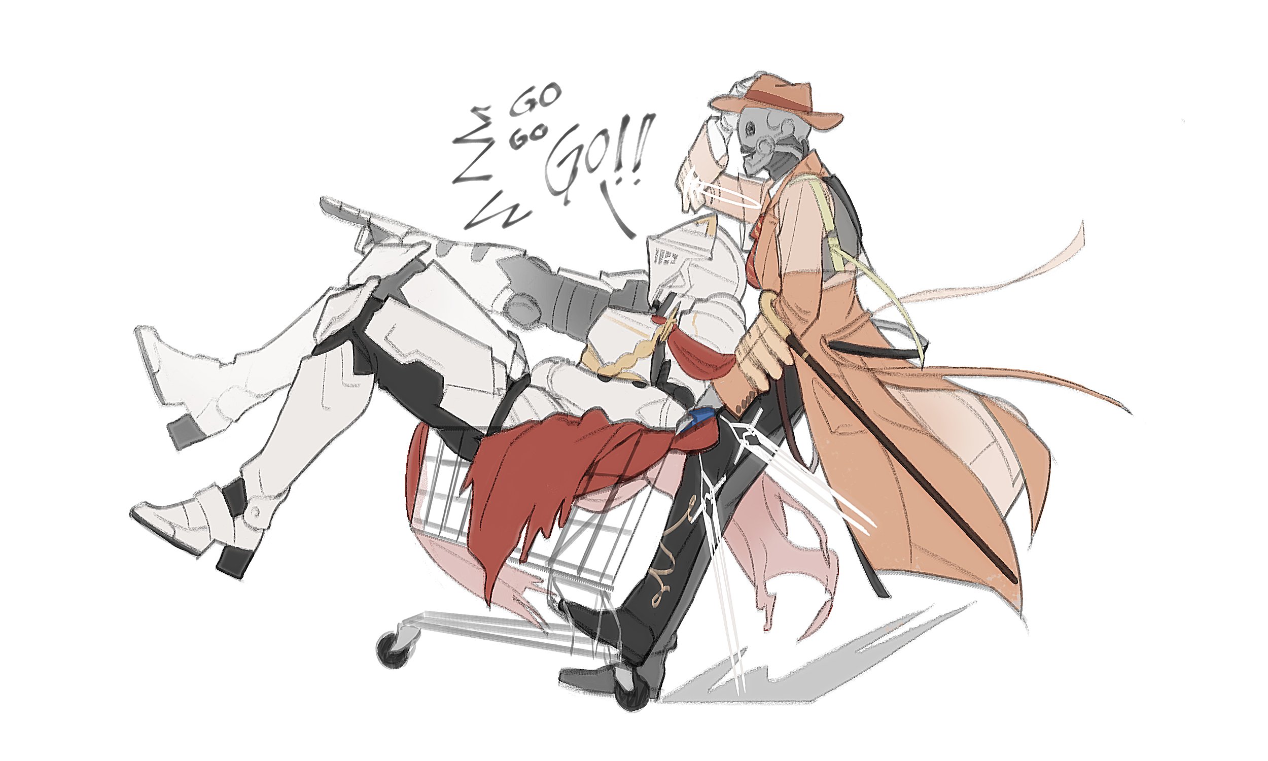 jee p, tin man (arknights), arknights, commentary, english commentary, highres, 2boys, armor, brown coat, brown hat, cape, coat, english text, from side, full armor, hat, helmet, male focus, multiple boys, profile, pushcart, red cape, robot, sankta miksaparato (arknights), white background