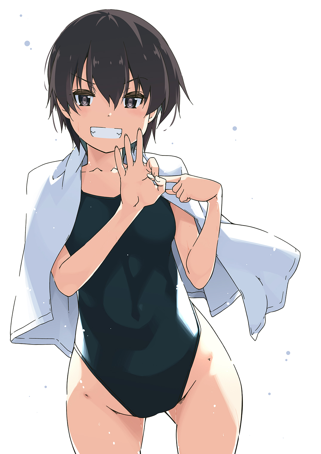 shikei, original, commentary request, highres, 1girl, black eyes, black hair, black one-piece swimsuit, breasts, closed eyes, competition swimsuit, gluteal fold, grin, medium breasts, one-piece swimsuit, penetration gesture, short hair, simple background, small breasts, smile, solo, swimsuit, towel, towel around neck, white background