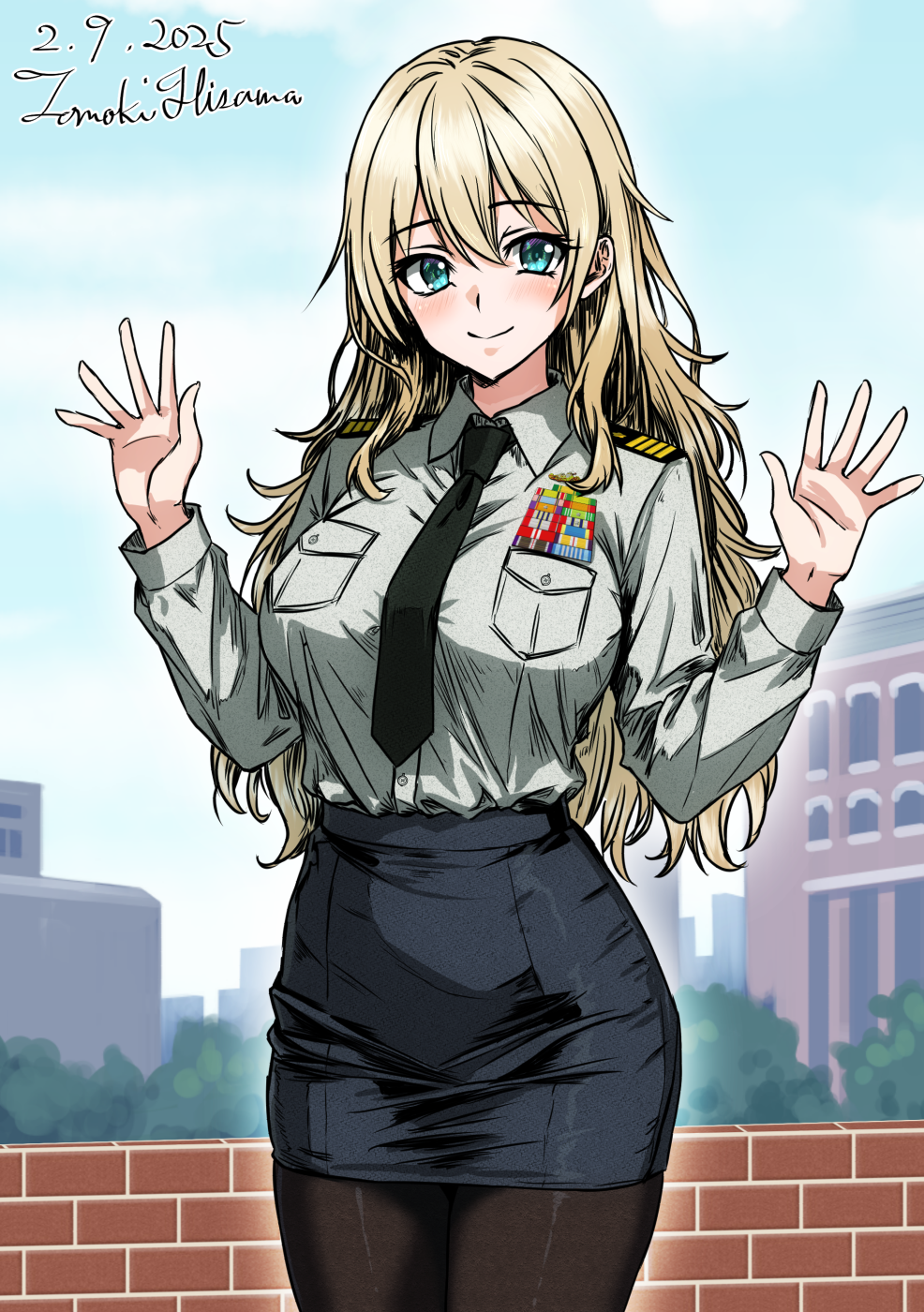 hisamatomoki, atago (kancolle), japan maritime self-defense force, japan self-defense force, kantai collection, commentary request, highres, 1girl, alternate costume, artist name, black necktie, black pantyhose, blonde hair, breasts, collared shirt, dated, green eyes, grey skirt, large breasts, long hair, long sleeves, looking at viewer, military, military dress uniform, military rank insignia, military uniform, naval dress uniform, naval uniform, necktie, one-hour drawing challenge, pantyhose, ribbon bar, shirt, shoulder boards, skirt, smile, solo, white shirt