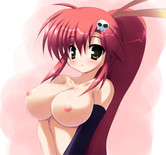 takeponi, yoko littner, tengen toppa gurren lagann, 00s, 1girl, blush, breasts, elbow gloves, female focus, gloves, huge breasts, large breasts, nipples, ponytail, red hair, solo, topless female, yellow eyes
