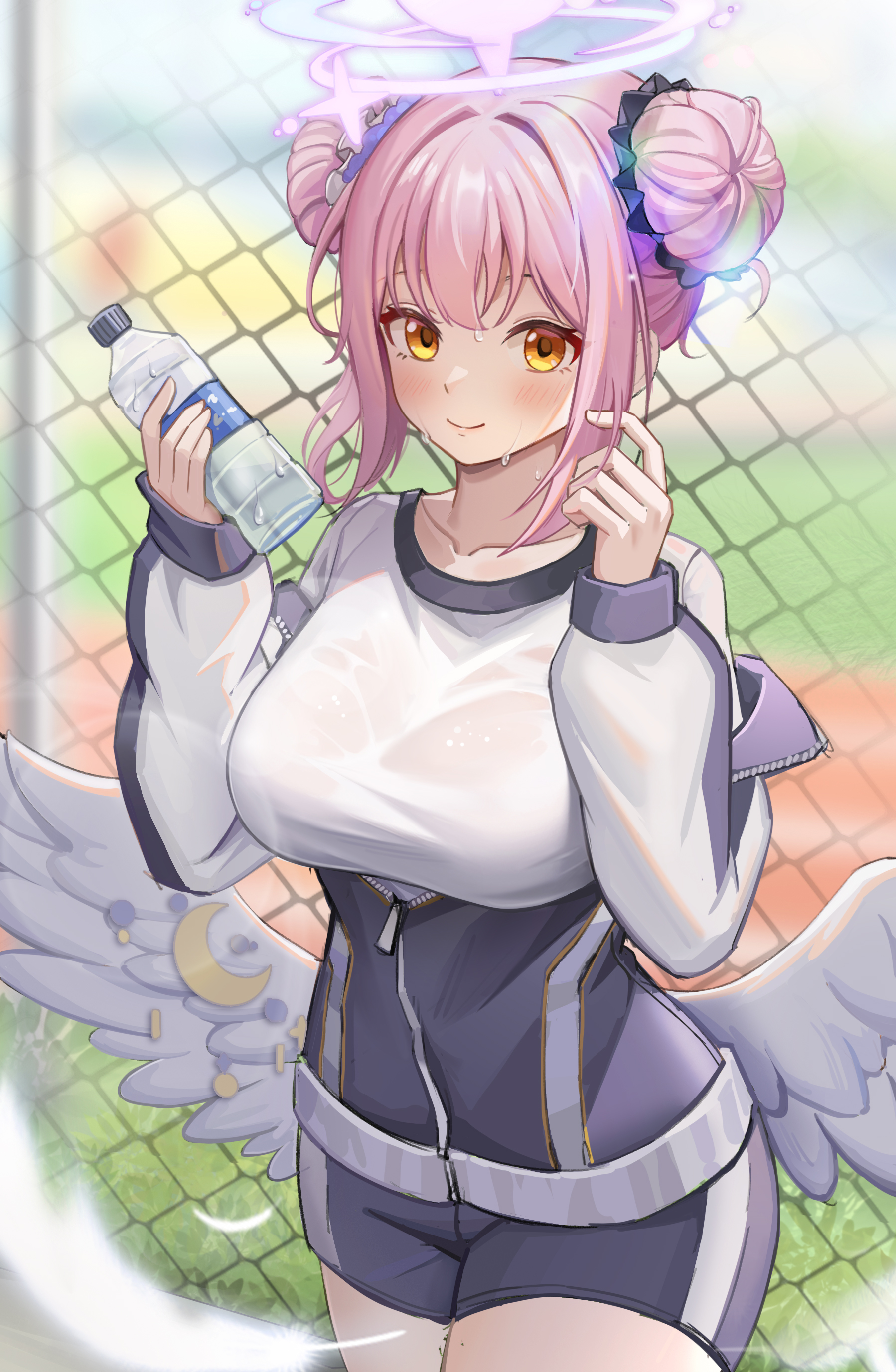 czy5201314, mika (blue archive), blue archive, absurdres, commentary request, highres, 1girl, adjusting hair, angel wings, blue shorts, blurry, blush, bottle, breasts, chain-link fence, closed mouth, cowboy shot, depth of field, double bun, falling feathers, feathered wings, feathers, fence, gym uniform, hair bun, halo, hands up, holding, holding bottle, jacket, jacket partially removed, large breasts, lens flare, long sleeves, looking at viewer, low wings, medium hair, outdoors, pink hair, pink halo, see-through clothes, see-through shirt, shirt, shorts, smile, solo, sweat, track jacket, water bottle, wet, wet clothes, wet shirt, white shirt, wings, yellow eyes