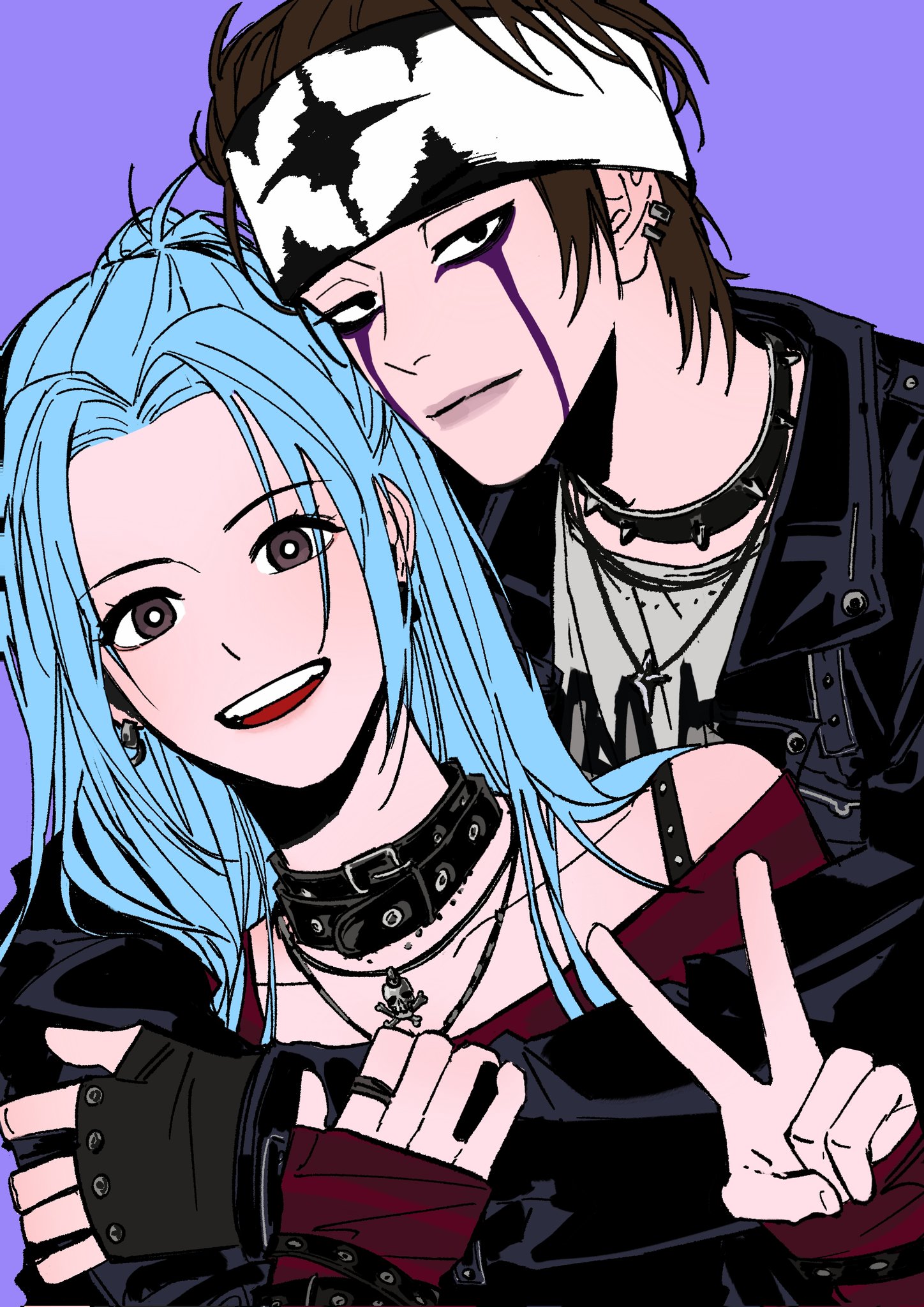 nefertari vivi, pell (one piece), one piece, highres, third-party source, 1boy, 1girl, aqua hair, bellugang (crepe), black gloves, black jacket, blue hair, brown eyes, brown hair, choker, earrings, fingerless gloves, gloves, headband, hug, hug from behind, jacket, jewelry, leather, leather jacket, looking at viewer, makeup, necklace, ponytail, purple background, ring, sidelocks, simple background, smile, spiked choker, spikes, v