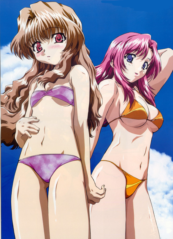 kimishima ikutomo, kazami mizuho, morino ichigo, onegai teacher, official art, 2girls, arm up, bandeau, bikini, blue eyes, blush, breasts, brown hair, cleavage, cloud, embarrassed, flat chest, large breasts, lipstick, long hair, micro bikini, multiple girls, navel, outdoors, pink eyes, pink hair, sideboob, sky, smile, swimsuit, thigh gap, thighs, underboob, wavy hair