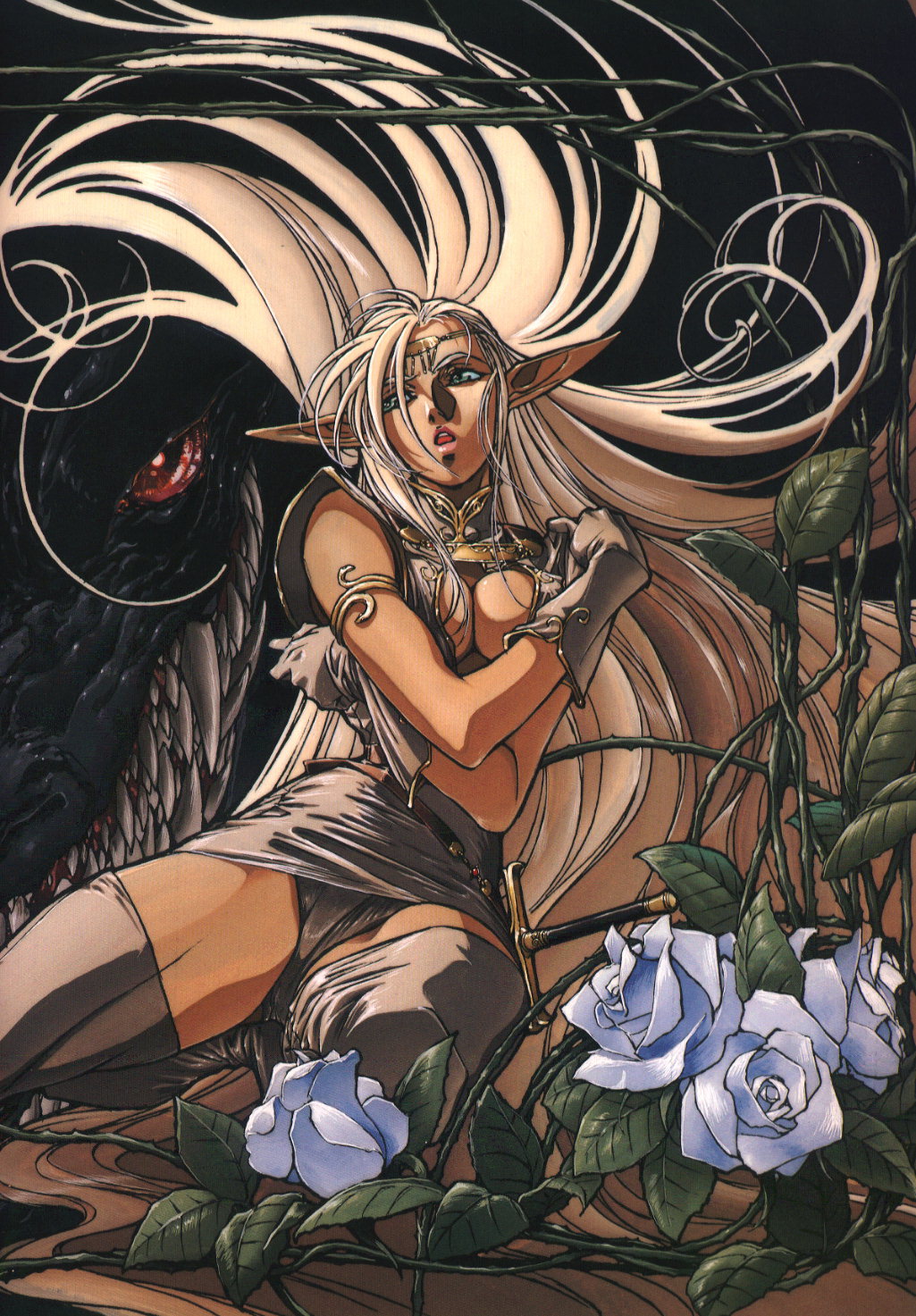izubuchi yutaka, narse (lodoss), pirotess, record of lodoss war, breast hold, highres, scan, 1girl, armband, boots, breasts, cleavage, dark-skinned female, dark skin, dragon, elf, flower, gloves, green eyes, headband, kneeling, large breasts, long hair, miniskirt, open mouth, pencil skirt, pointy ears, red eyes, rose, skirt, sword, thigh boots, thighhighs, upskirt, very long hair, weapon, white hair