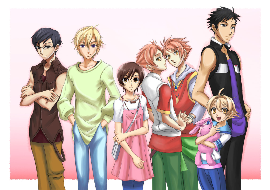 fujioka haruhi, haninozuka mitsukuni, hitachiin hikaru, hitachiin kaoru, morinozuka takashi, ootori kyouya, suou tamaki, ouran high school host club, 00s, 1girl, 6+boys, :d, black hair, blonde hair, blue eyes, breasts, bridal gauntlets, brothers, brown eyes, brown hair, casual, cowboy shot, dress, glasses, gradient background, happy, height difference, holding hands, hood, hood down, hooded jacket, jacket, long sleeves, looking at viewer, male harem, multiple boys, open mouth, pants, pink background, pink hair, short dress, short hair, siblings, simple background, small breasts, smile, spiked hair, standing, stuffed animal, stuffed toy, sweater, twins, vest, zipper