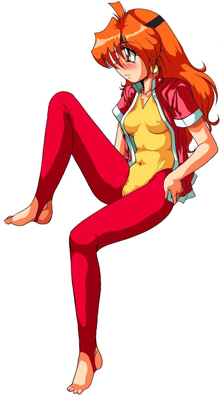 eyeball (artist), lina inverse, slayers, highres, jpeg artifacts, 1girl, barefoot, blush, breasts, cameltoe, covered erect nipples, earrings, feet, female focus, full body, headband, jewelry, leg up, leotard, long hair, navel, open clothes, open shirt, orange hair, profile, red eyes, shirt, simple background, sitting, skin tight, solo, toeless legwear