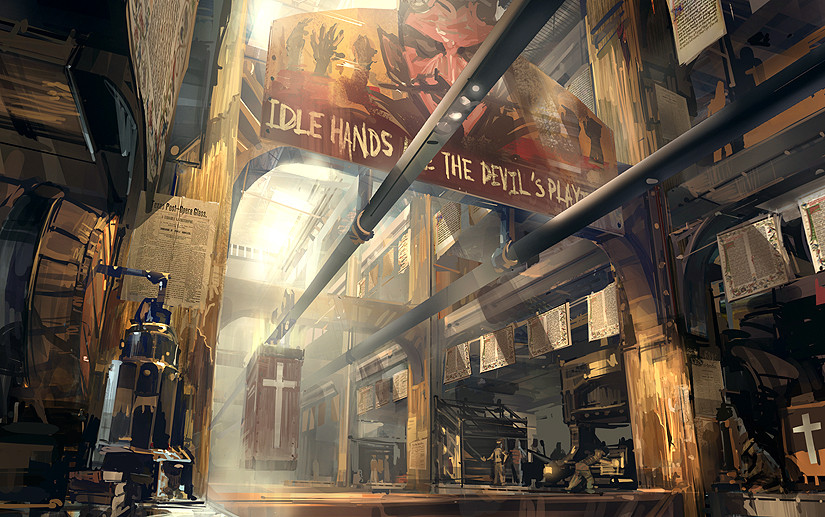 ben lo, bioshock, bioshock (series), bioshock infinite, concept art, blurry, blurry background, cable, cross, depth of field, english text, factory, hanging sign, indoors, machinery, no humans, painterly, perspective, pillar, production line, scenery