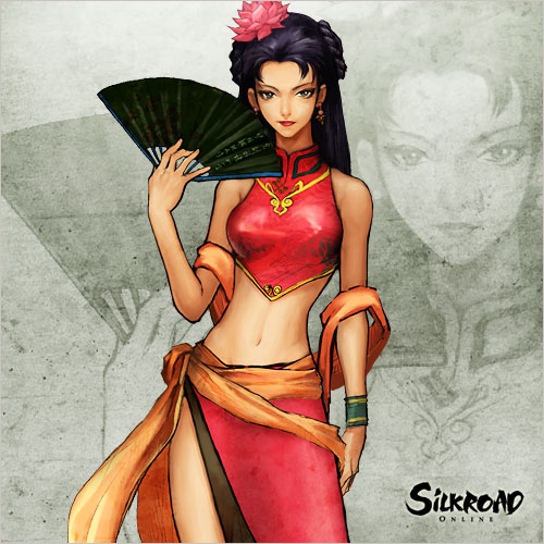 silkroad online, lowres, bare shoulders, black hair, bracelet, china dress, chinese clothes, dress, flower, folding fan, green eyes, hand fan, jewelry, midriff, sash, side slit, solo, zoom layer
