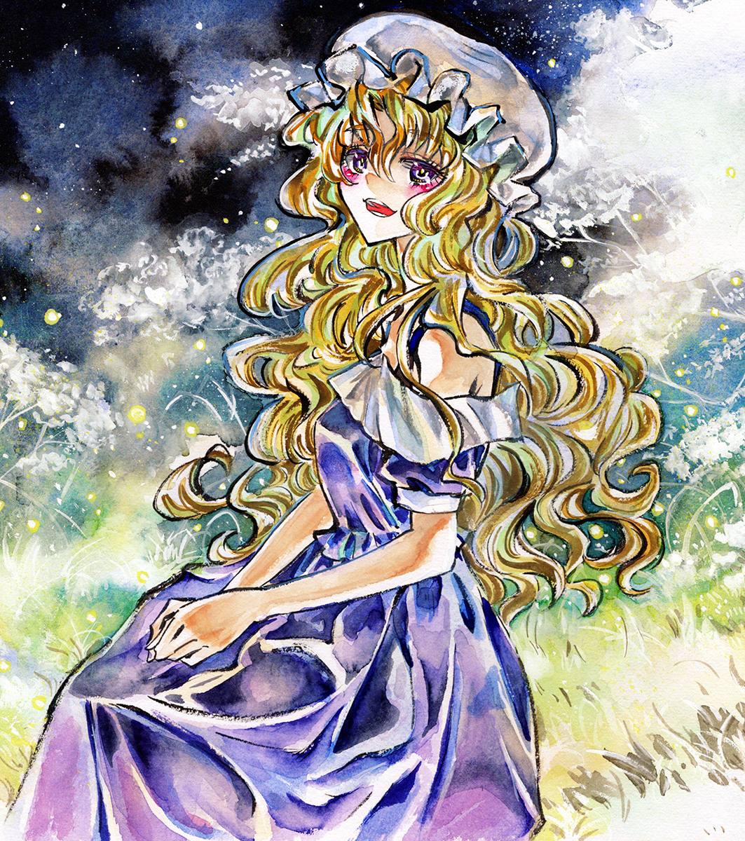 kabaji, maribel hearn, touhou, highres, traditional media, 1girl, bare shoulders, blonde hair, bright background, dress, fireflies, flower, grass, hands on own hips, hat, long hair, mob cap, night, night sky, purple dress, purple eyes, sky, solo