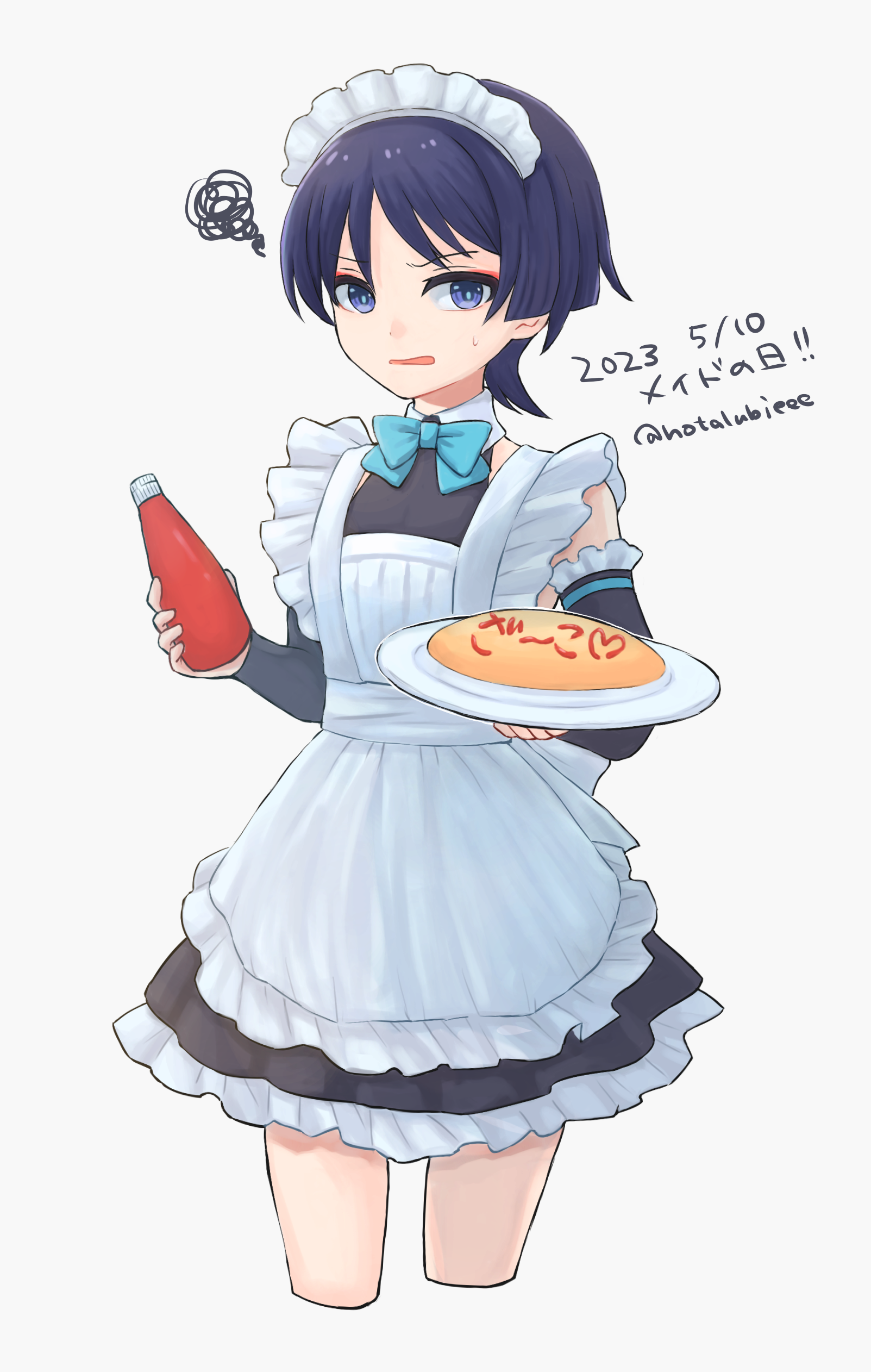 hotarubi (hotarubie), scaramouche (genshin impact), genshin impact, absurdres, highres, 1boy, alternate costume, apron, black dress, black hair, black sleeves, blue bow, blue bowtie, blue pupils, blunt ends, bow, bowtie, collar, compression sleeve, cowboy shot, cropped legs, crossdressing, crossdressing (mtf), dated, detached sleeves, dress, enmaided, eyeliner, eyeshadow, food, frilled apron, frilled dress, frilled sleeves, frills, hands up, holding, holding plate, ketchup bottle, large bow, looking at viewer, maid, maid apron, maid headdress, makeup, male focus, male maid, omelet, omurice, open mouth, plate, purple eyes, red eyeliner, red eyeshadow, solo, squiggle, sweatdrop, twitter username, white apron, white background, white collar, wispy bangs