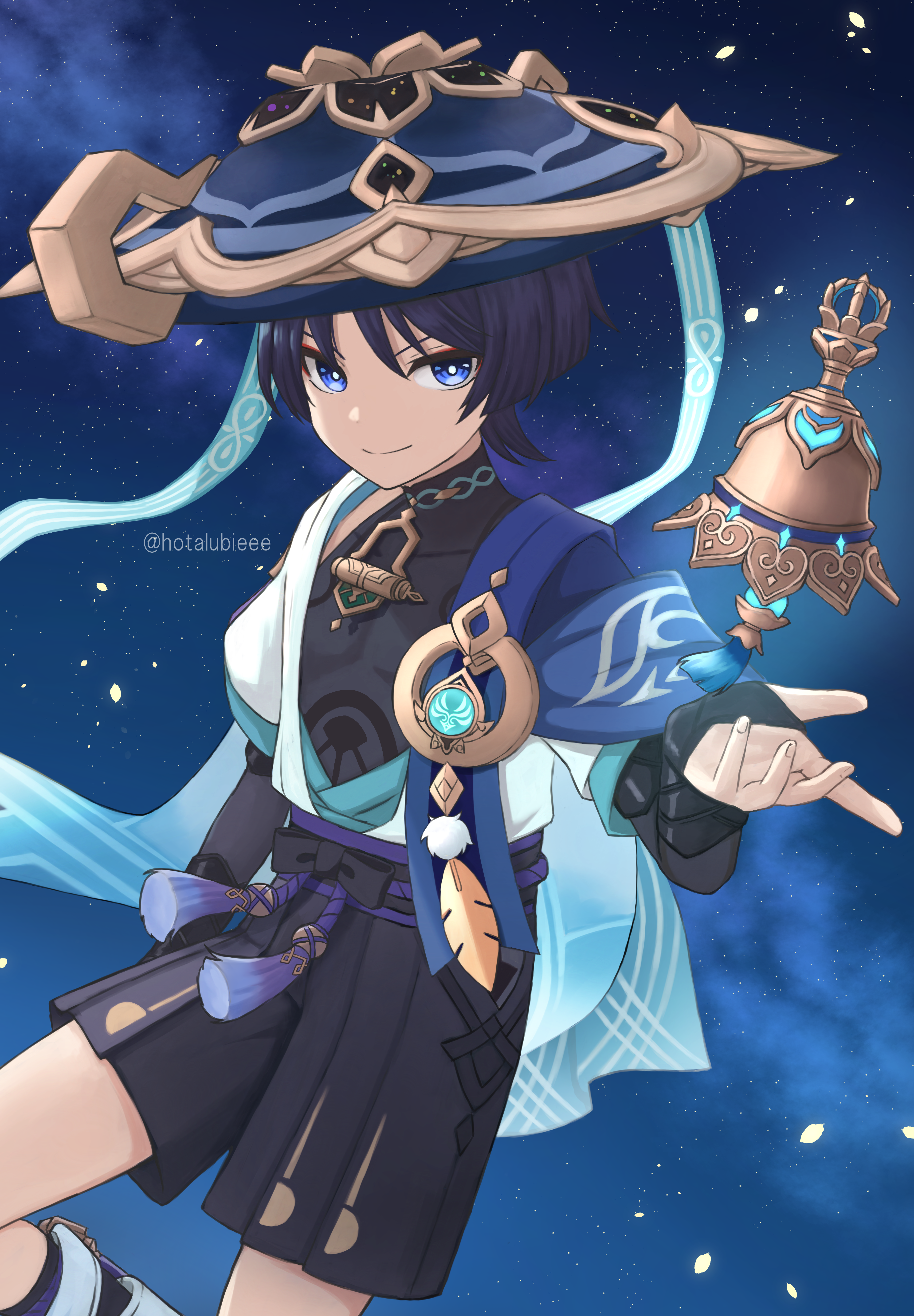 hotarubi (hotarubie), scaramouche (genshin impact), wanderer (genshin impact), genshin impact, absurdres, highres, 1boy, anemo symbol (genshin impact), arm at side, armor, bell, belt, black belt, black bodysuit, black bow, black bridal gauntlets, black hair, black shorts, blue cape, blue gemstone, blue hat, blue kimono, blue sleeves, blunt ends, bodysuit, bow, bridal gauntlets, bright pupils, cape, closed mouth, clothing cutout, covered collarbone, eyeliner, eyeshadow, falling petals, feathers, fingernails, floating, floating object, floating weapon, furisode, gem, gold, hakama, hakama shorts, hand up, hat, hip vent, japanese armor, japanese clothes, jingasa, juban, kimono, kote, kurokote, layered sleeves, leg warmers, looking at viewer, makeup, male focus, night, night sky, open clothes, open hand, open kimono, outdoors, petals, pleated shorts, pom pom (clothes), purple rope, purple sash, red eyeliner, red eyeshadow, rope, sash, short sleeves, shorts, shoulder peek, sky, smile, solo, split mouth, star (sky), starry sky, tassel, tsurime, tulaytullah's remembrance (genshin impact), twitter username, vision (genshin impact), white kimono, white leg warmers, white petals, white pupils, white sleeves, white trim, wispy bangs, yellow feathers