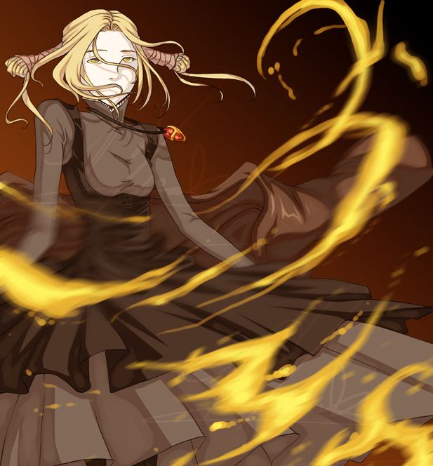 robin sena, witch hunter robin, 00s, 1girl, blonde hair, dress, female focus, fire, jewelry, pendant, short hair, solo, yellow eyes