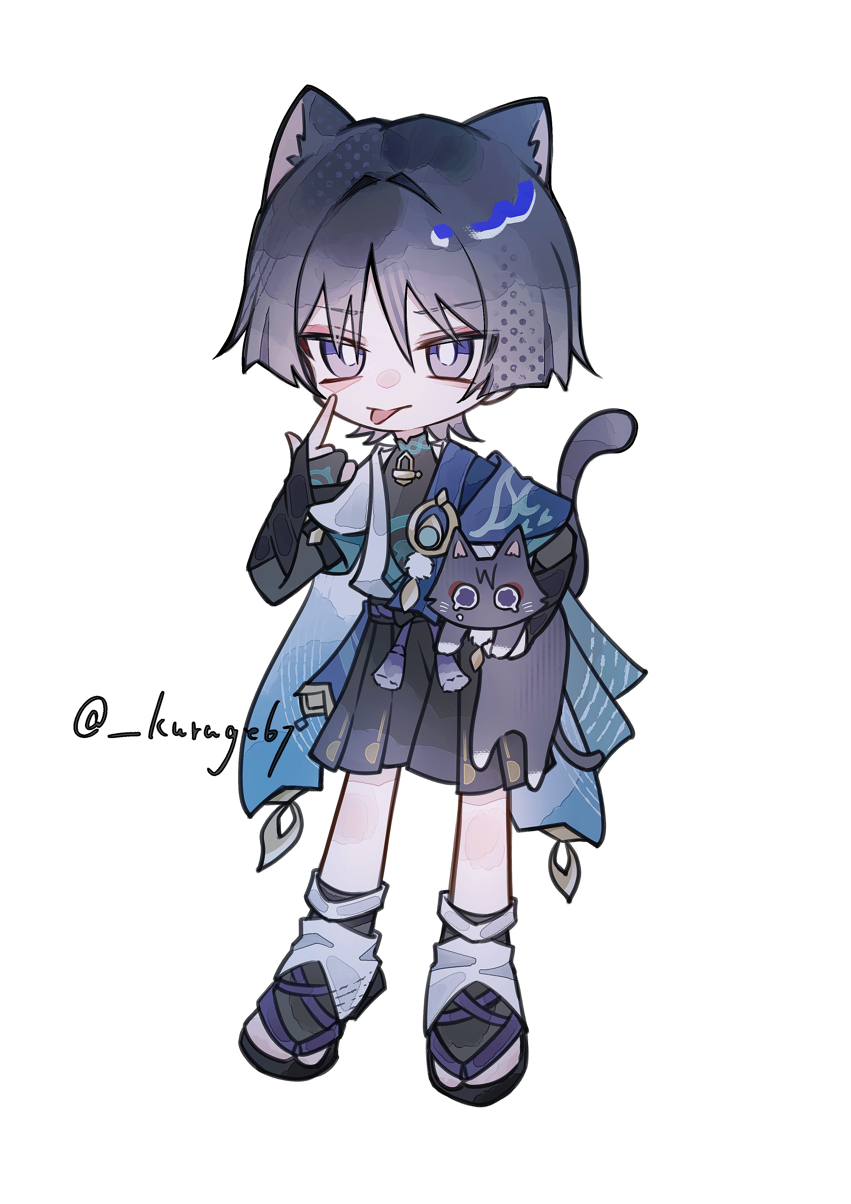 kurage 67, scaramouche (cat) (genshin impact), scaramouche (genshin impact), wanderer (genshin impact), genshin impact, absurdres, highres, 1boy, :p, akanbe, animal, animal ears, aqua gemstone, armor, belt, black belt, black bodysuit, black bow, black bridal gauntlets, black sandals, black shorts, blue cape, blue kimono, blue sleeves, blunt ends, bodysuit, bow, bridal gauntlets, bright pupils, cape, cat, cat boy, cat ears, cat tail, eyelid pull, eyeliner, eyeshadow, feathers, finger to eye, full body, furisode, gem, gold, grey cat, grey hair, hair intakes, hakama, hakama shorts, hand up, holding, holding animal, holding cat, index finger raised, japanese armor, japanese clothes, juban, kimono, kote, kurokote, layered sleeves, leg warmers, looking at viewer, makeup, male focus, mandarin collar, multicolored hair, open clothes, open kimono, pleated shorts, pom pom (clothes), purple eyes, purple hair, purple rope, red eyeliner, red eyeshadow, rope, sandals, short sleeves, shorts, shoulder peek, solo, standing, streaked hair, tail, tassel, tongue, tongue out, tsurime, twitter username, vision (genshin impact), white background, white kimono, white leg warmers, white pupils, white sleeves, white trim, wispy bangs, yellow feathers, zouri