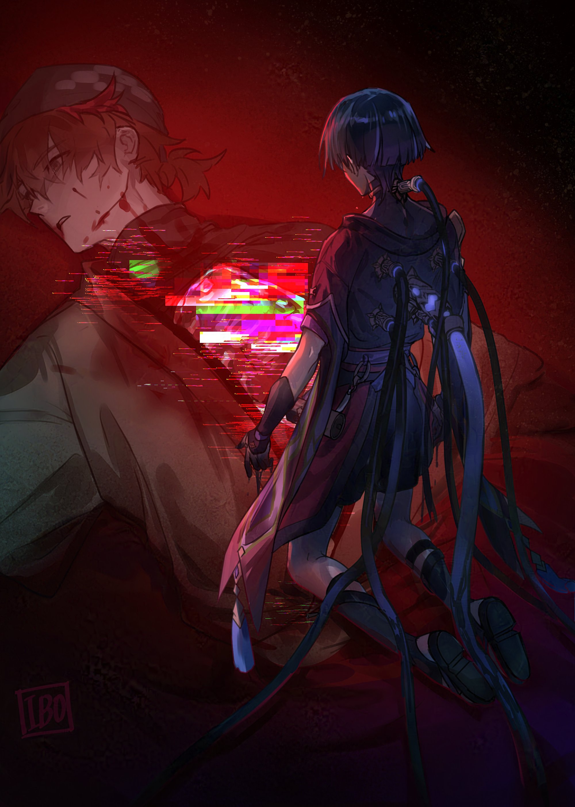 scaramouche (genshin impact), genshin impact, absurdres, highres, 2boys, 49ibo240, armor, arms at sides, artist name, black kimono, black sandals, black shirt, black shorts, black sleeves, blood, blood from mouth, blood on face, blood on hands, blunt ends, bodysuit, bridal legwear, brown hair, cable, corpse, death, empty eyes, facing another, furisode, gold, gold trim, grey eyes, headscarf, hole in chest, hole on body, japanese armor, japanese clothes, jewelry, kimono, kneeling, kote, kurokote, layered sleeves, looking to the side, low ponytail, lying, multiple boys, neck ring, niwa (genshin impact), o-ring, on back, open clothes, open kimono, pale skin, parted lips, ponytail, purple bodysuit, purple hair, purple sash, purple sleeves, red sash, red trim, sandals, sash, shirt, short ponytail, short sleeves, shorts, stirrup legwear, tassel, tears, toeless legwear, tsurime, turtleneck, turtleneck shirt, white kimono, white mouth, white sleeves, white trim, zouri