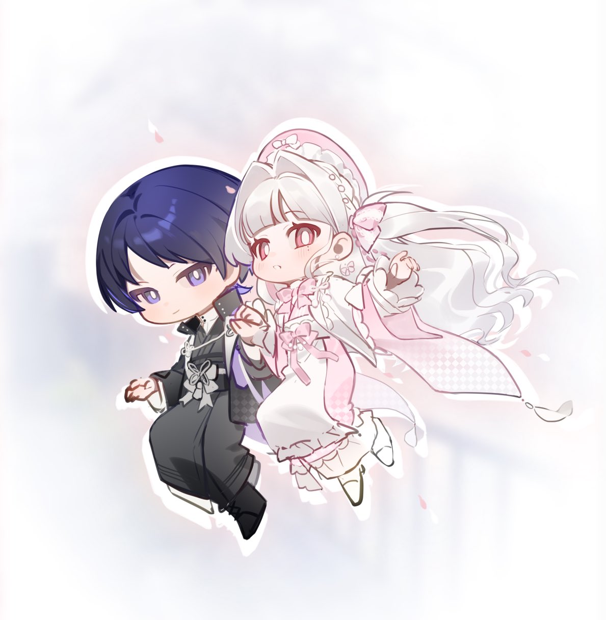 scaramouche (genshin impact), genshin impact, original, artist request, commission, highres, second-party source, 1boy, 1girl, alternate costume, apron, arm at side, black collar, black kimono, black sleeves, black vest, blunt bangs, blunt ends, bow, bowtie, bright pupils, chinese knot, closed mouth, collar, commissioner insert, couple, curtained hair, earrings, frilled apron, frilled sleeves, frills, furisode, hair bow, hair intakes, hand up, hayami momo (hayamimomo), hetero, holding hands, japanese clothes, jewelry, jinbaori, kimono, lapels, large bow, layered sleeves, long hair, long sleeves, looking at viewer, mole, mole under eye, obi, obiage, oc x canon, one side up, open clothes, open mouth, open vest, outline, outstretched arm, parted bangs, pink bow, pink bowtie, pink eyes, pink kimono, pink sleeves, purple eyes, purple hair, sash, shirt, smile, swept bangs, tassel, tsurime, turtleneck, turtleneck shirt, undershirt, vest, waist apron, white apron, white bow, white hair, white mouth, white outline, white pupils, white shirt, white sleeves