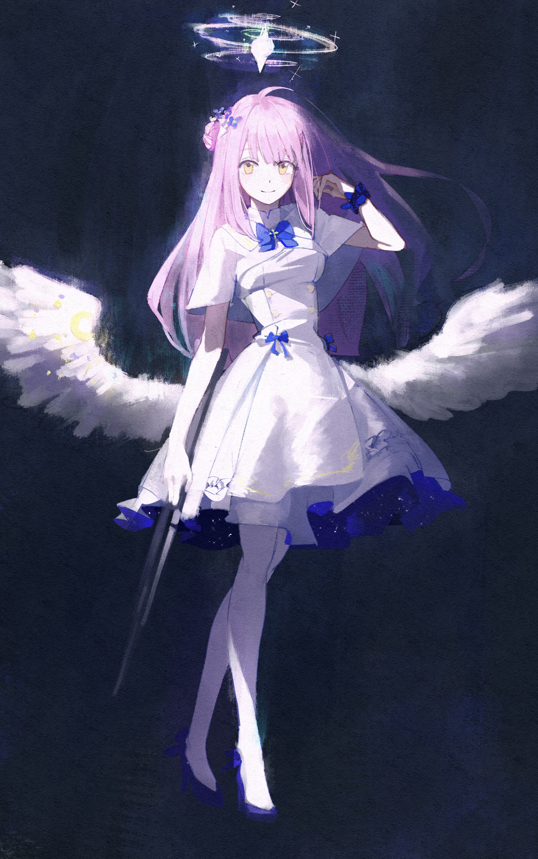 7ife, mika (blue archive), blue archive, absurdres, commentary, english commentary, highres, 1girl, adjusting hair, angel wings, black background, blue shoes, breasts, capelet, closed mouth, dress, feathered wings, full body, gun, hair bun, halo, high heels, holding, holding gun, holding weapon, long hair, looking ahead, low wings, medium breasts, pantyhose, pink hair, pink halo, scrunchie, shoes, simple background, single side bun, smile, solo, weapon, white capelet, white dress, white pantyhose, white wings, wings, wrist scrunchie, yellow eyes