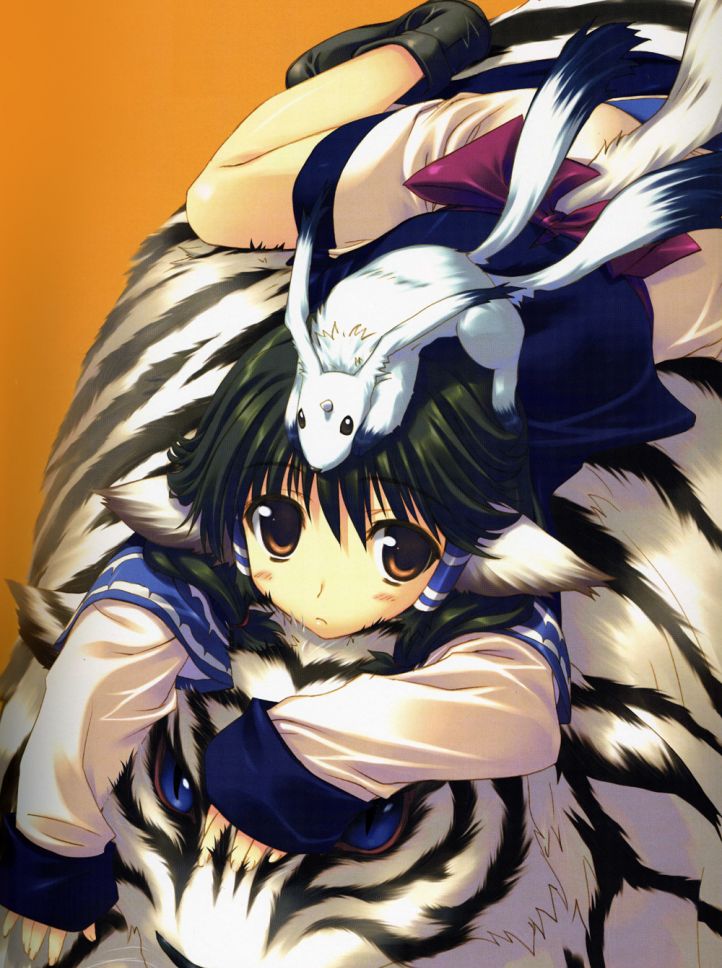aruruu, mukkuru, utawarerumono, 00s, animal ears, black hair, dog ears, japanese clothes, lying, short hair, solo, tail, tiger