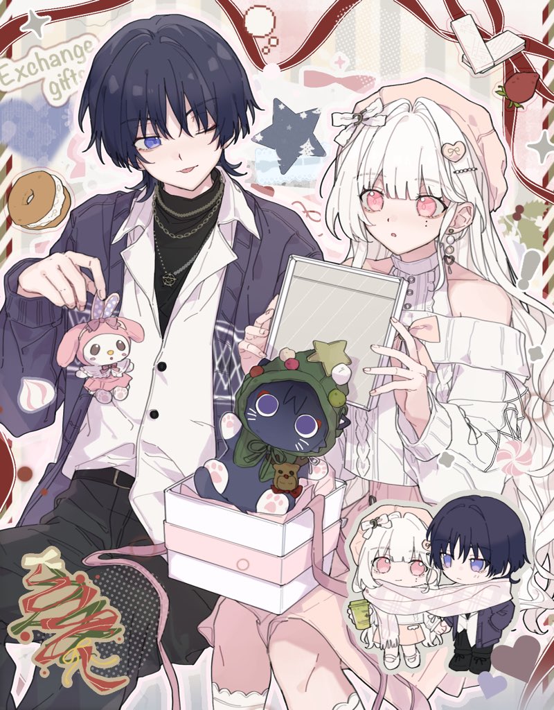 my melody, scaramouche (cat) (genshin impact), scaramouche (genshin impact), genshin impact, onegai my melody, original, sanrio, artist request, commission, second-party source, 1boy, 1girl, alternate costume, animalization, belt, belt buckle, beret, black belt, black cat, black hair, black pants, black shirt, black shoes, blunt bangs, blunt ends, bow, box, buckle, cable knit, cardigan, casual, cat, chibi, chibi inset, choppy bangs, collar, collared shirt, commissioner insert, contemporary, couple, cross-laced clothes, cross-laced sleeves, cup, disposable cup, earrings, food, fruit, gift, gift box, green hood, hair bow, hair intakes, hand in pocket, hat, hat ornament, hayami momo (hayamimomo), hetero, holding, holding cup, holding hands, holding stuffed toy, hood, hood up, jewelry, long hair, long sleeves, looking at another, mistletoe, mole, mole under eye, oc x canon, off shoulder, one eye closed, open cardigan, open clothes, open mouth, pants, person and animalization, pink eyes, pink hat, pink scarf, pink skirt, purple cardigan, purple eyes, purple sleeves, red ribbon, ribbon, scarf, shared clothes, shared scarf, shirt, shoes, sitting, skirt, star (symbol), star hat ornament, strawberry, stuffed toy, tongue, tongue out, tsurime, undershirt, white bow, white collar, white hair, white shirt, white shoes, white sleeves