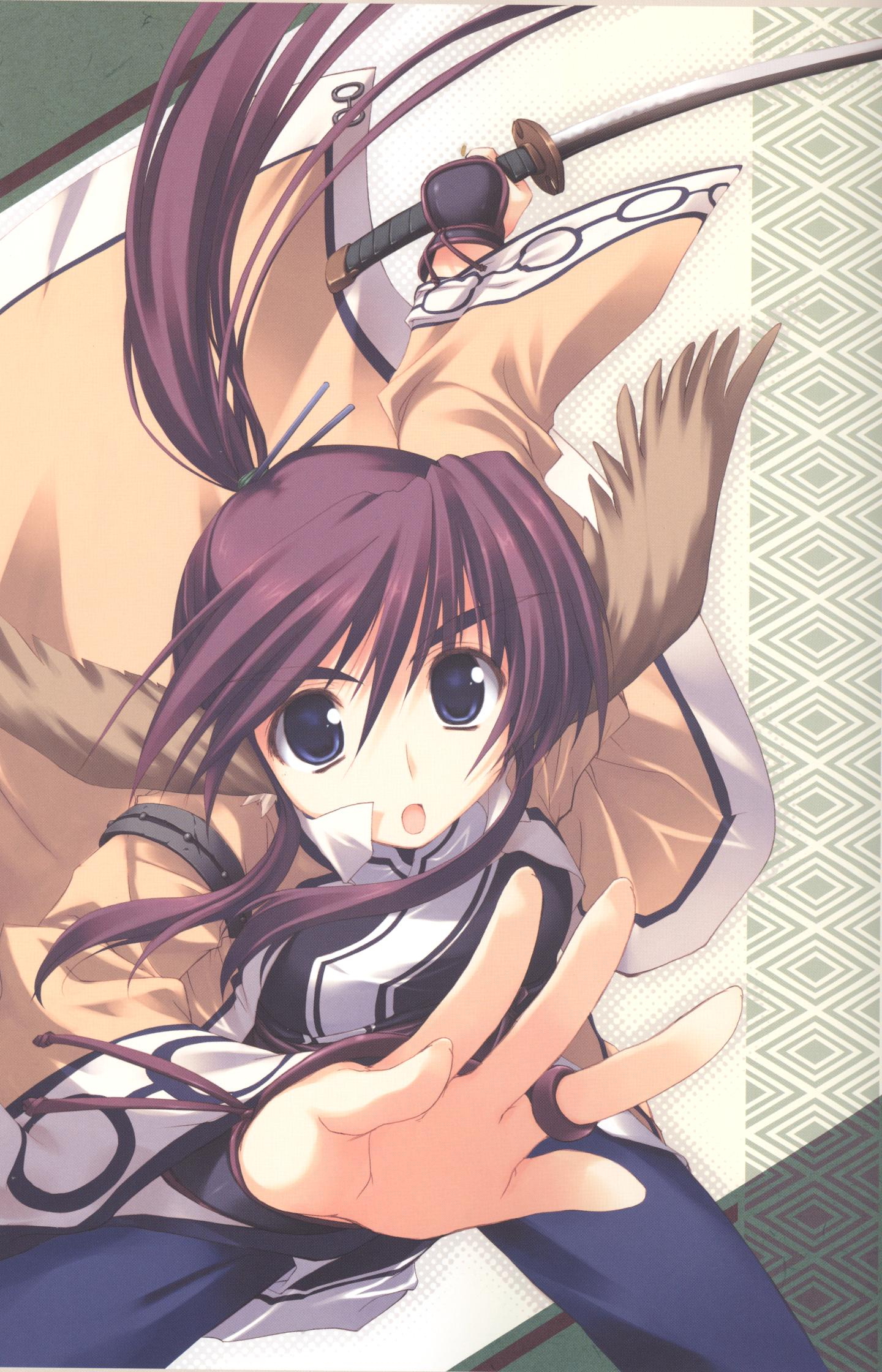 amazuyu tatsuki, touka (utawarerumono), utawarerumono, highres, scan, 00s, 1girl, animal ears, blue eyes, female focus, head wings, long hair, ponytail, purple hair, solo, sword, weapon, wings