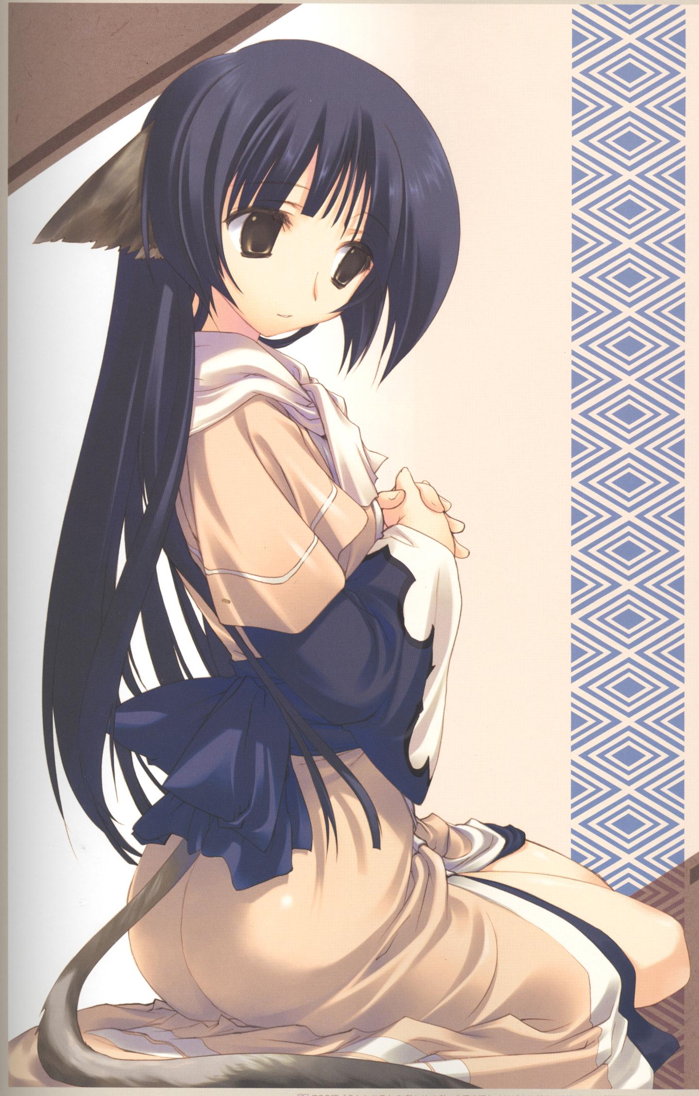 amazuyu tatsuki, yuzuha (utawarerumono), utawarerumono, highres, official art, scan, 00s, 1girl, animal ears, ass, black hair, blind, blunt bangs, border, bow, brown eyes, clothing cutout, female focus, from side, gradient background, interlocked fingers, japanese clothes, kimono, long hair, long sleeves, looking down, own hands clasped, own hands together, sash, sitting, smile, solo, tail, tail through clothes, very long hair, wide sleeves