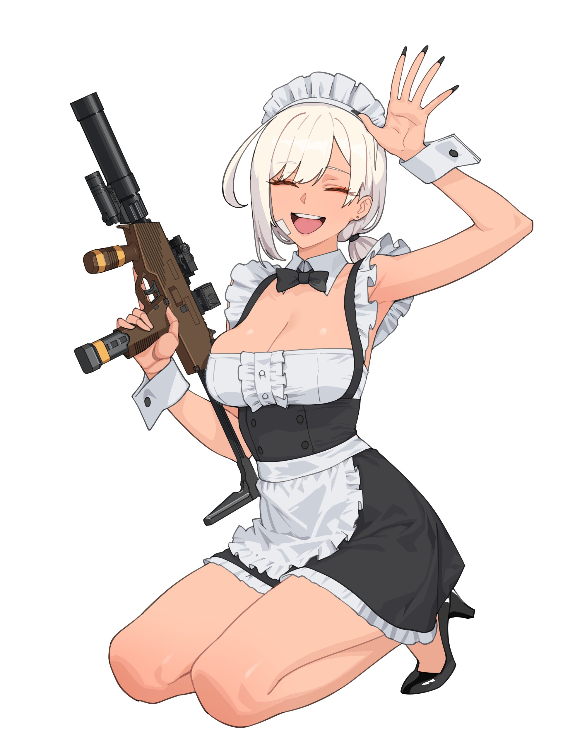kuso otoko, eri (uragoner), uragoner, absurdres, commentary, english commentary, highres, 1girl, apron, b&t mp9, black bow, black bowtie, black dress, black nails, black shoes, bow, bowtie, breasts, cleavage, closed eyes, detached collar, dress, earrings, facing viewer, full body, gauze, gauze on cheek, grey background, gun, high heels, holding, holding gun, holding weapon, jewelry, kneeling, long hair, maid headdress, open mouth, ponytail, shoes, simple background, solo, stud earrings, submachine gun, suppressor, teeth, trigger discipline, upper teeth only, waist apron, weapon, white apron, white hair, white headdress