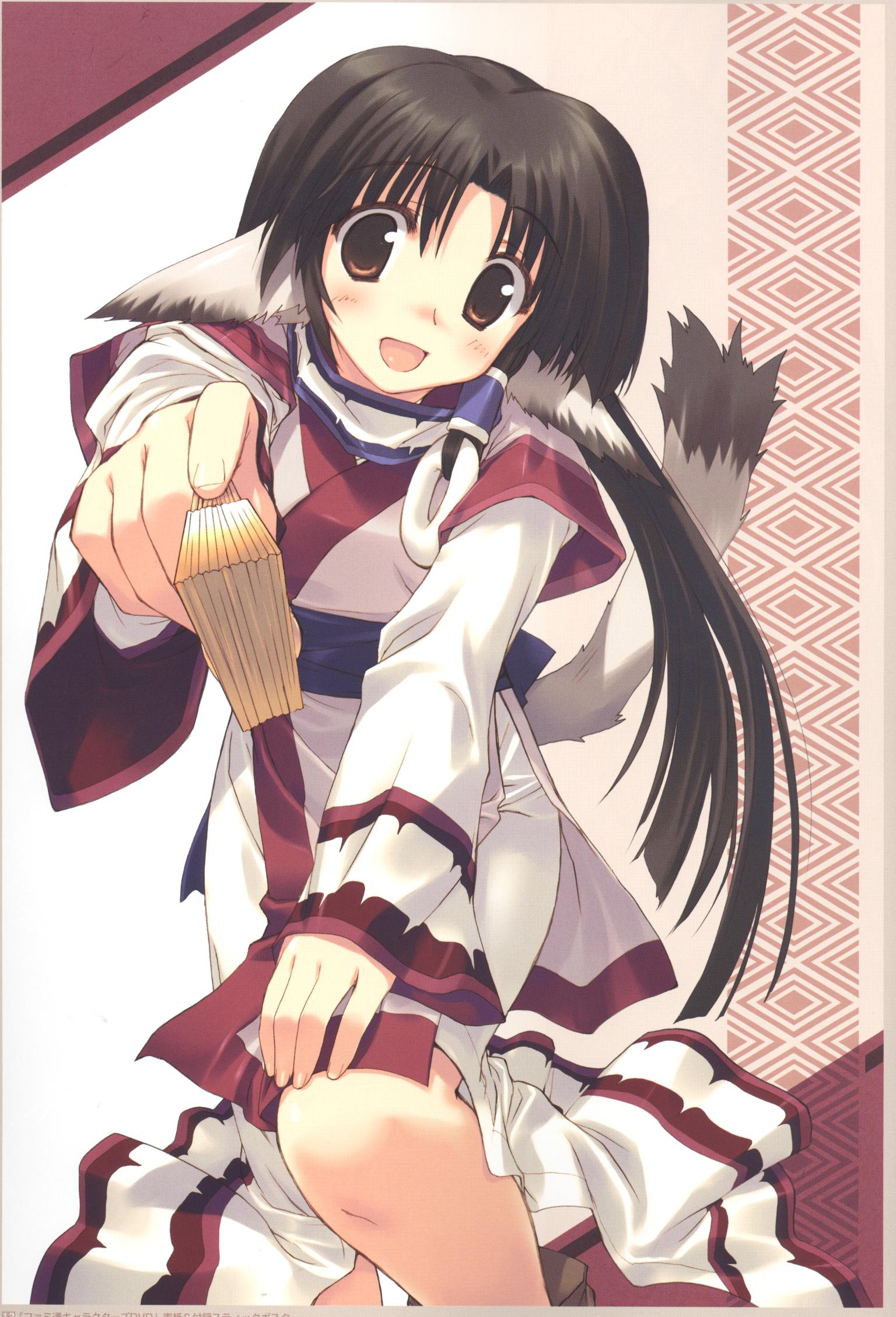 eruruu, utawarerumono, highres, 00s, animal ears, black hair, dog ears, japanese clothes, long hair, solo, tail