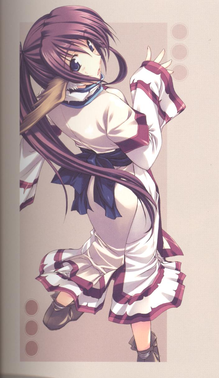 eruruu, touka (utawarerumono), utawarerumono, highres, scan, scan artifacts, 00s, 1girl, animal ears, cosplay, eruruu (cosplay), female focus, head wings, japanese clothes, long hair, ponytail, purple hair, solo, wings