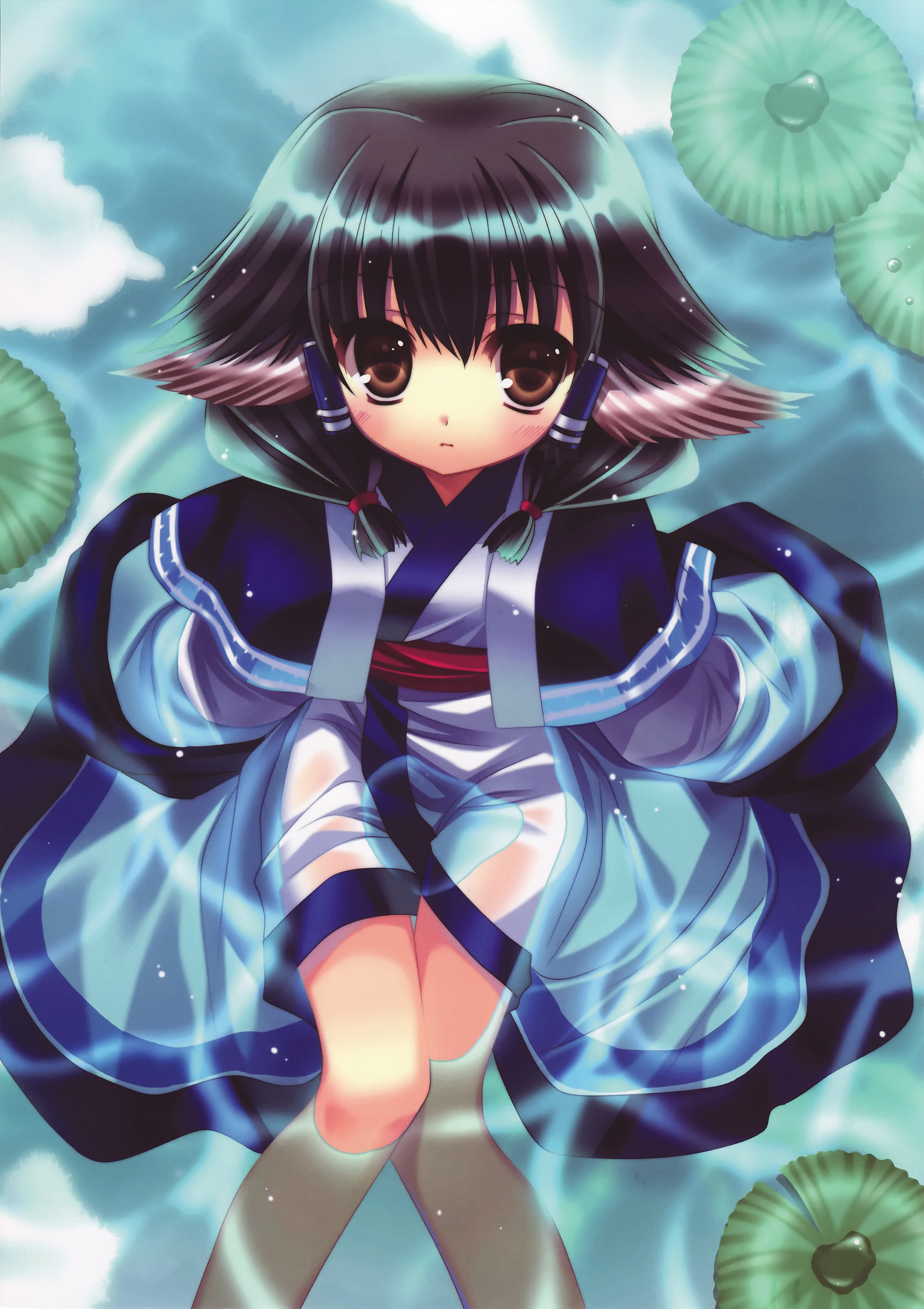 capura lin, aruruu, utawarerumono, absurdres, highres, 00s, animal ears, dog ears, japanese clothes, lily pad, sitting, solo, water, wet