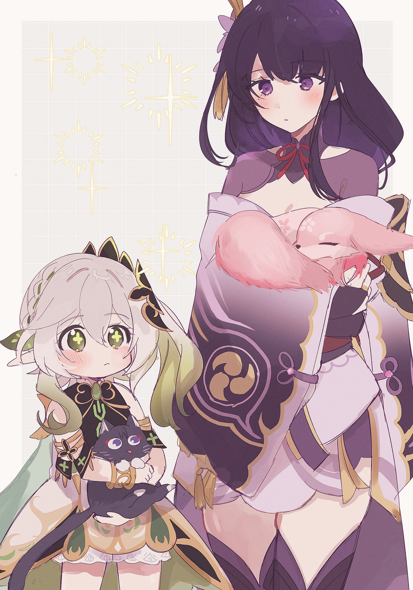 aomattya, nahida (genshin impact), raiden shogun, scaramouche (cat) (genshin impact), scaramouche (genshin impact), yae miko, yae miko (fox), genshin impact, highres, 2girls, animal, animalization, armlet, asymmetrical sidelocks, black bridal gauntlets, black cat, bloomers, blunt bangs, blush, border, bracelet, bridal gauntlets, cape, cat, closed mouth, cross-shaped pupils, detached sleeves, dress, eyelashes, flower, fox, gold ring, gold trim, green cape, green eyes, green hair, green pupils, green sleeves, grey background, grid background, hair between eyes, hair flower, hair ornament, half crown braid, height difference, holding, holding animal, holding cat, japanese clothes, jewelry, kimono, kimono skirt, leaf, leaf hair ornament, long hair, looking at another, looking down, looking to the side, middle ring, mitsudomoe (shape), mole, mole under eye, multicolored hair, multiple girls, pelvic curtain, person and animalization, pink kimono, pink sleeves, pointy ears, purple eyes, purple flower, purple hair, purple shrug, purple thighhighs, side ponytail, sidelocks, single sidelock, single sode, sparkle, streaked hair, string, swept bangs, symbol-shaped pupils, tassel, tassel hair ornament, thighhighs, tomoe (symbol), underwear, white bloomers, white border, white dress, white hair, wide sleeves