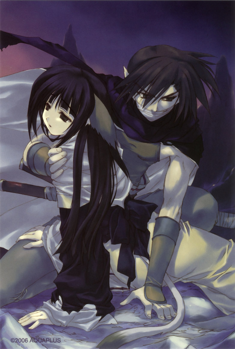 oboro (utawarerumono), yuzuha (utawarerumono), utawarerumono, 00s, 1boy, 1girl, animal ears, black hair, cape, japanese clothes, long hair, pointy ears, sword, tail, weapon