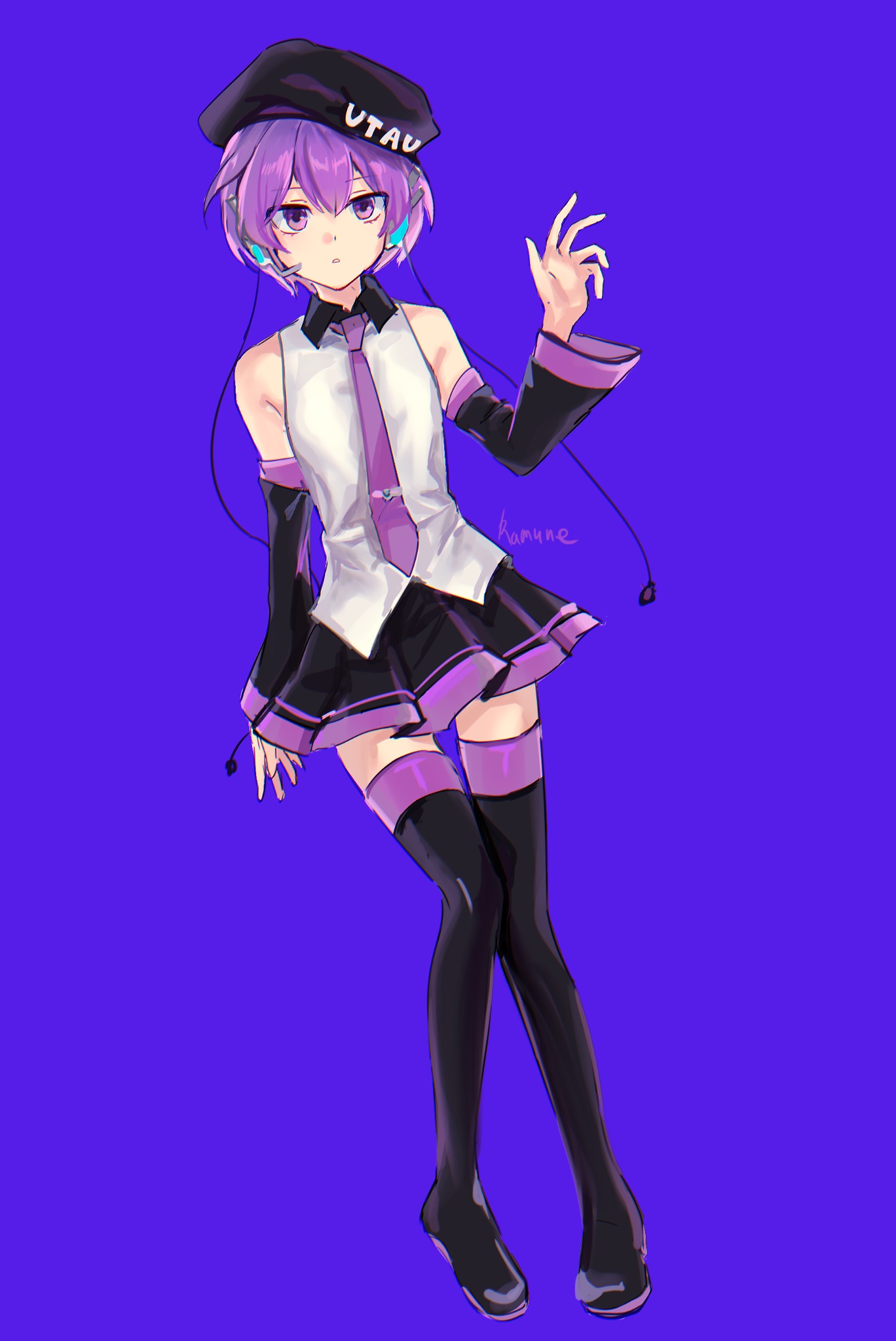 ramune55ni, utane uta, utau, hashtag-only commentary, highres, 1girl, arm at side, artist name, bare shoulders, beanie, black boots, black hat, black skirt, black sleeves, boots, breasts, chromatic aberration, clothes writing, collared shirt, contrast collar, copyright name, detached sleeves, double-parted bangs, full body, hair between eyes, hat, knees together feet apart, long sleeves, looking at viewer, miniskirt, parted lips, pigeon-toed, pleated skirt, purple background, purple eyes, purple hair, purple trim, shirt, short hair, simple background, skinny, skirt, sleeveless, sleeveless shirt, small breasts, solo, standing, thigh boots, thigh gap, thighhighs, white shirt, zettai ryouiki