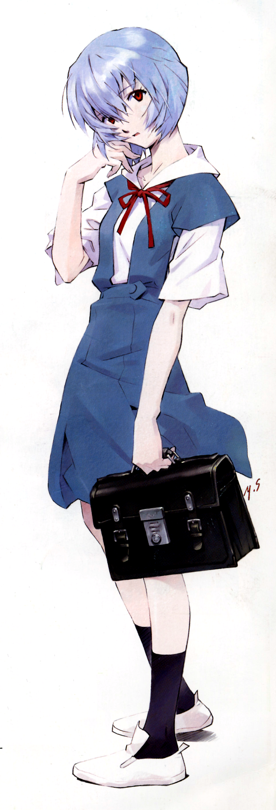 sadamoto yoshiyuki, ayanami rei, evangelion: 1.0 you are (not) alone, neon genesis evangelion, rebuild of evangelion, absurdres, highres, long image, tall image, 00s, bag, blue hair, pale skin, red eyes, school bag, school uniform, serafuku, shoes, short hair, solo, white shoes