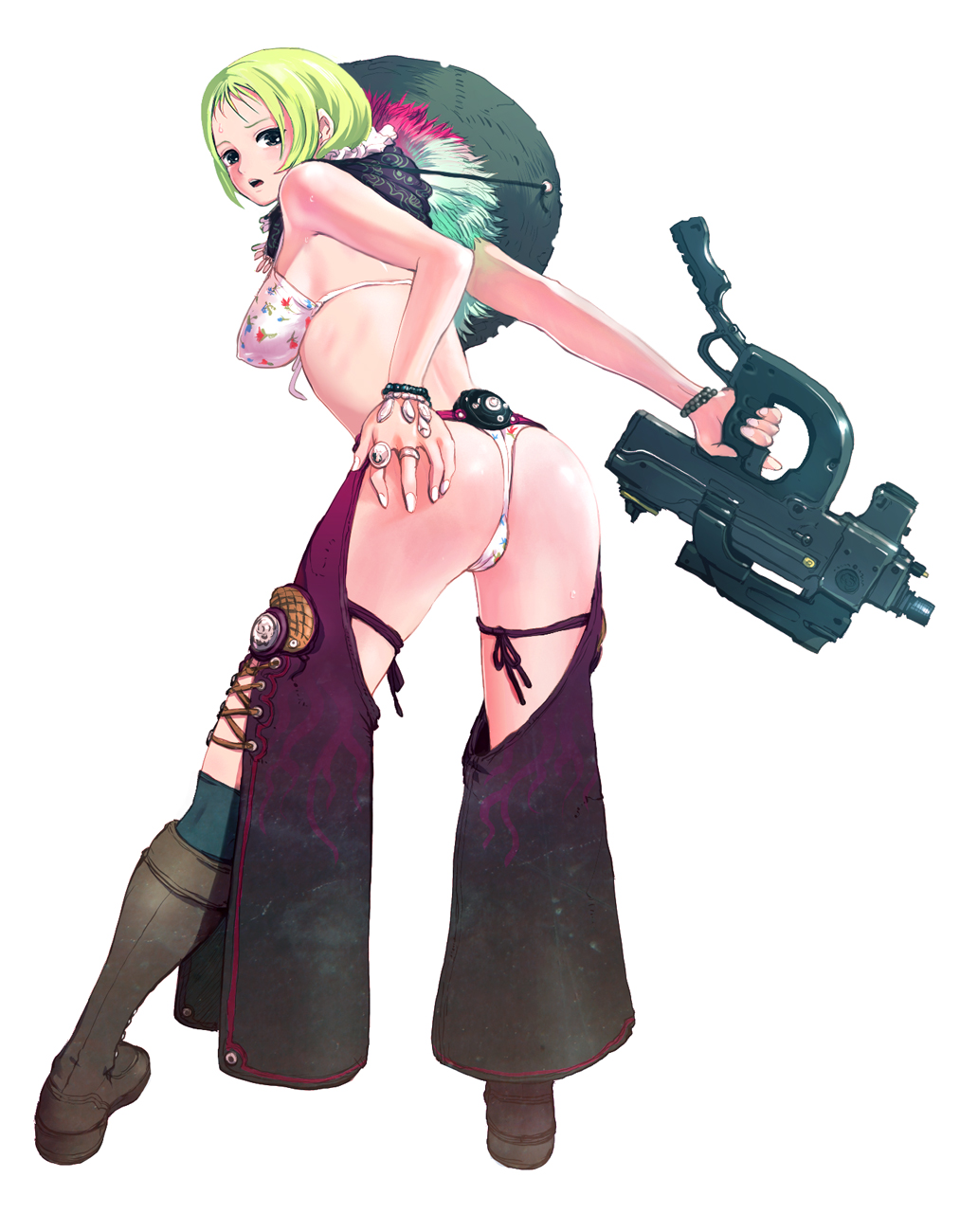 nagasawa shin, original, bad id, bad pixiv id, highres, 1girl, ass, blonde hair, blue eyes, blush, boots, bra, breasts, chaps, female focus, gun, hat, kneehighs, large breasts, leaning forward, lingerie, looking at viewer, medium breasts, open mouth, panties, short hair, sideboob, simple background, socks, solo, submachine gun, thong, underwear, underwear only, weapon, white background
