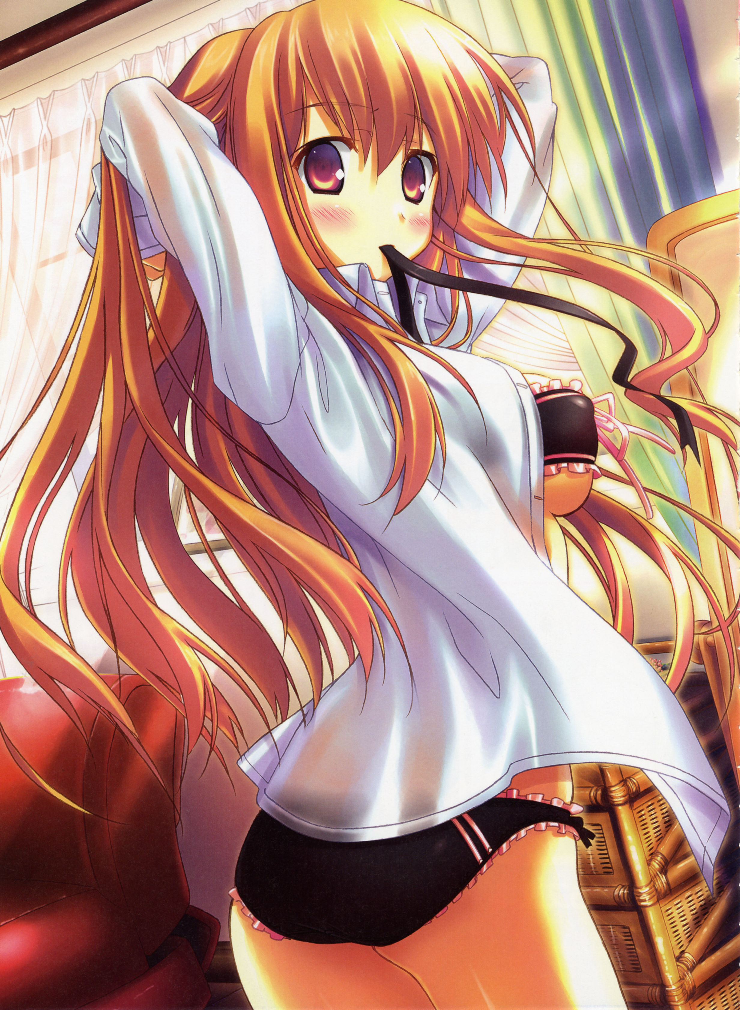 amakusa tobari, original, absurdres, highres, huge filesize, 1girl, blush, bra, breasts, brown hair, female focus, lingerie, long hair, looking back, mouth hold, open clothes, open shirt, panties, red eyes, shirt, sideboob, solo, underwear