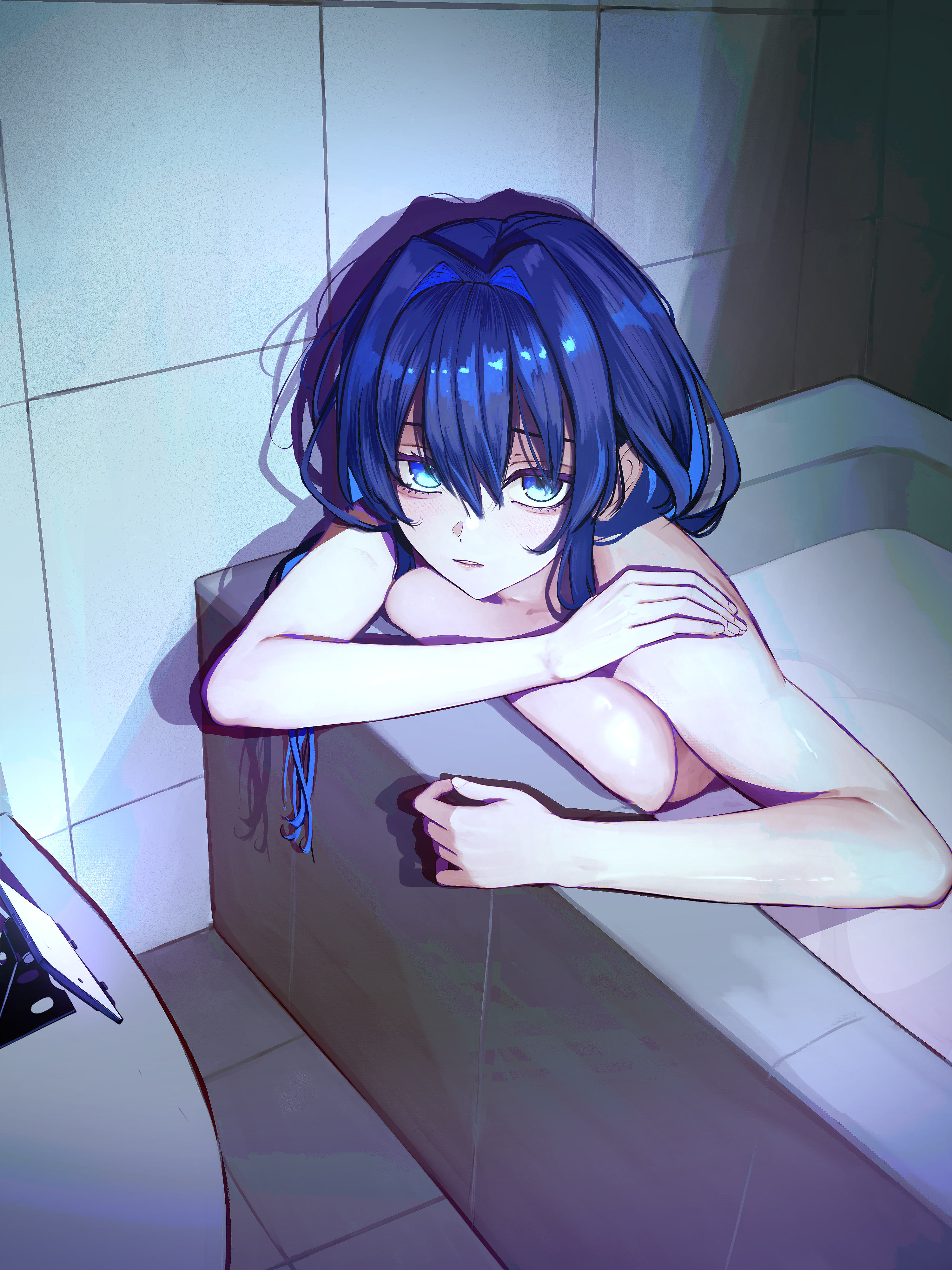 soju ice, ouro kronii, hololive, hololive english, absurdres, highres, 1girl, ass, bath, bathing, blue eyes, blue hair, cellphone, closed mouth, hair intakes, long hair, looking at viewer, phone, phone stand, smartphone, solo, virtual youtuber, water