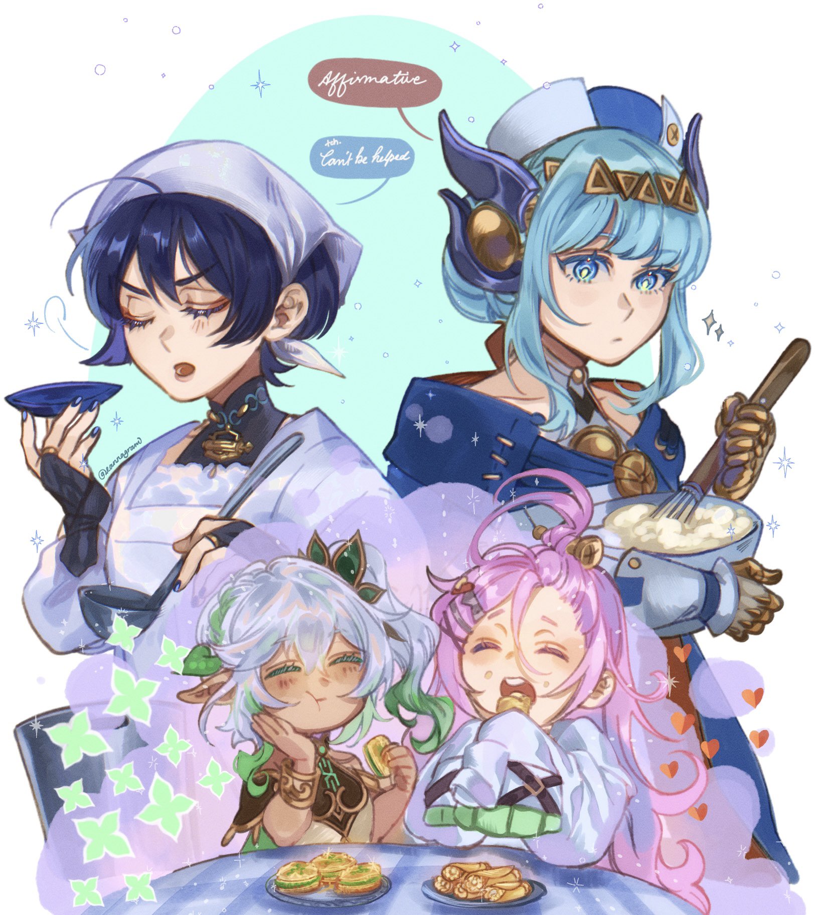 araimin, aino (genshin impact), ineffa (genshin impact), nahida (genshin impact), scaramouche (genshin impact), wanderer (genshin impact), genshin impact, food request, highres, 1boy, 3girls, :t, ahoge, androgynous, apron, armlet, armor, belt, black belt, black bodysuit, black bridal gauntlets, black hair, blue cape, blue eyes, blue hair, blue nails, blunt bangs, blunt ends, bodysuit, bowl, bracelet, bridal gauntlets, brooch, cape, cheek bulge, closed eyes, closed mouth, colored eyelashes, colored inner hair, covered collarbone, dark-skinned female, dark skin, detached sleeves, dress, english text, eyelashes, eyeliner, eyeshadow, facing to the side, fake horns, food, food on face, gold, gold ring, gold trim, green cape, green hair, green pupils, green sleeves, hair between eyes, hair bun, hair ornament, hair pulled back, hairclip, half crown braid, hand on own chest, hand up, hands up, hat, heart, holding, holding bowl, holding food, holding ladle, holding whisk, horns, japanese armor, jewelry, kappougi, kote, kurokote, ladle, leaf, leaf hair ornament, light blush, long hair, long sleeves, makeup, mamezara, mandarin collar, mechanical hands, middle ring, multicolored hair, multiple girls, official alternate skin color, open mouth, orange cape, pink hair, pink lips, plate, pointy ears, purple hair, purple horns, red eyeliner, red eyeshadow, screw hair ornament, short hair, short hair with long locks, side ponytail, sidelocks, simple background, single hair bun, sitting, sleeve belt, sleeves past fingers, sleeves past wrists, speech bubble, streaked hair, swept bangs, table, teeth, tenugui, twitter username, two-sided cape, two-sided fabric, upper teeth only, wavy hair, whisk, white dress, white hair, white hat, white sleeves, x hair ornament