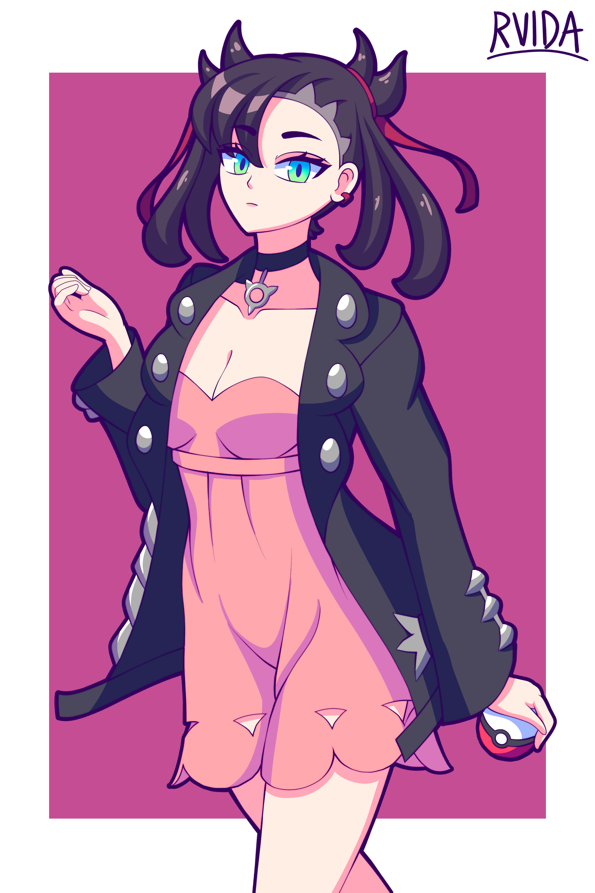 rvida, marnie (pokemon), nintendo, pokemon, pokemon swsh, absurdres, highres, 1girl, artist name, asymmetrical bangs, black choker, black hair, black jacket, border, breasts, choker, cleavage, closed mouth, cowboy shot, dress, ear piercing, green eyes, hair ribbon, hand up, holding, holding poke ball, jacket, looking at viewer, medium breasts, piercing, pink dress, poke ball, poke ball (basic), red ribbon, ribbon, solo, twintails, undercut, white border