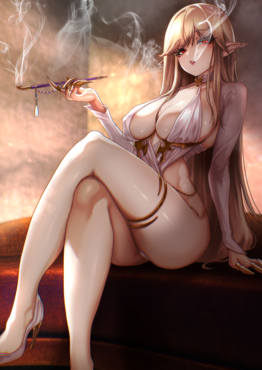 0odrosselo0, original, highres, 1girl, breasts, breasts apart, brown hair, claw ring, crossed legs, dress, earrings, jewelry, kiseru, looking at viewer, medium breasts, panties, pantyshot, pointy ears, red eyes, revealing clothes, slit pupils, smoking, smoking pipe, solo, underwear, white dress, white panties