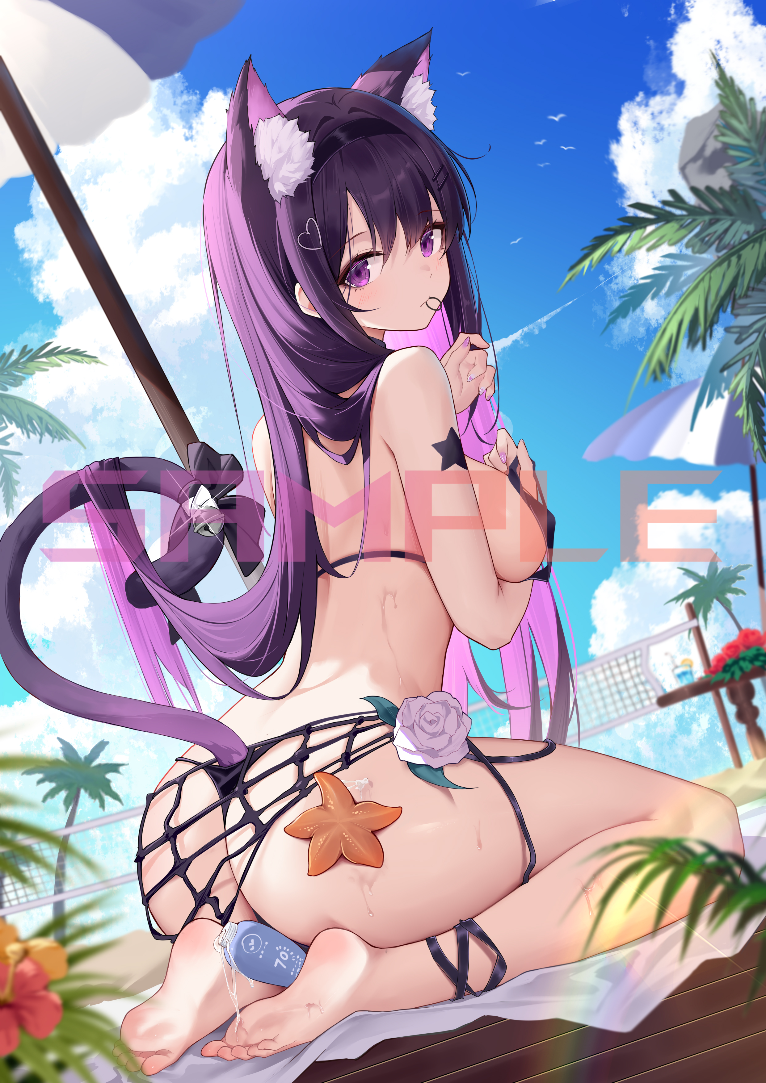 shixuexiao, original, absurdres, commentary request, highres, 1girl, animal ear fluff, animal ears, ass, barefoot, beach umbrella, bikini, black bikini, blue sky, breasts, cat ears, cat girl, cat tail, cloud, contrail, day, flower, from behind, long hair, looking back, medium breasts, mouth hold, outdoors, purple eyes, purple hair, rose, seiza, sitting, sky, solo, starfish, string bikini, swimsuit, tail, thong bikini, umbrella, white flower, white rose